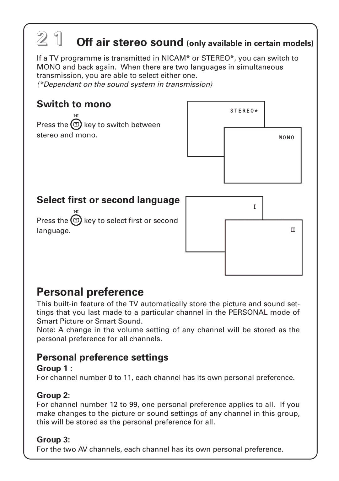 Philips 29PT4973 manual Switch to mono, Select first or second language, Personal preference settings 