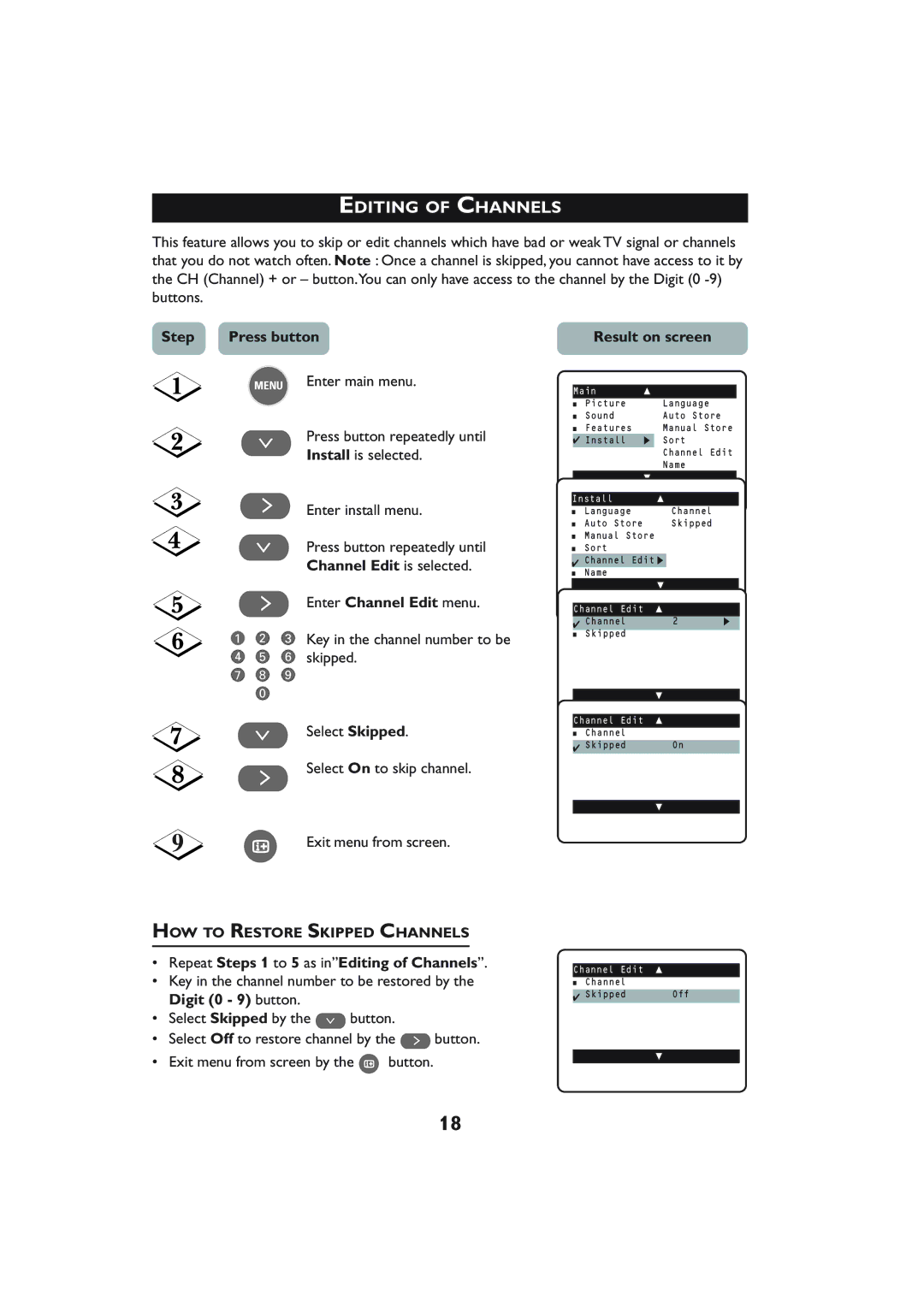 Philips 29PT5005 operating instructions Editing of Channels, Channel Edit is selected, Enter Channel Edit menu 