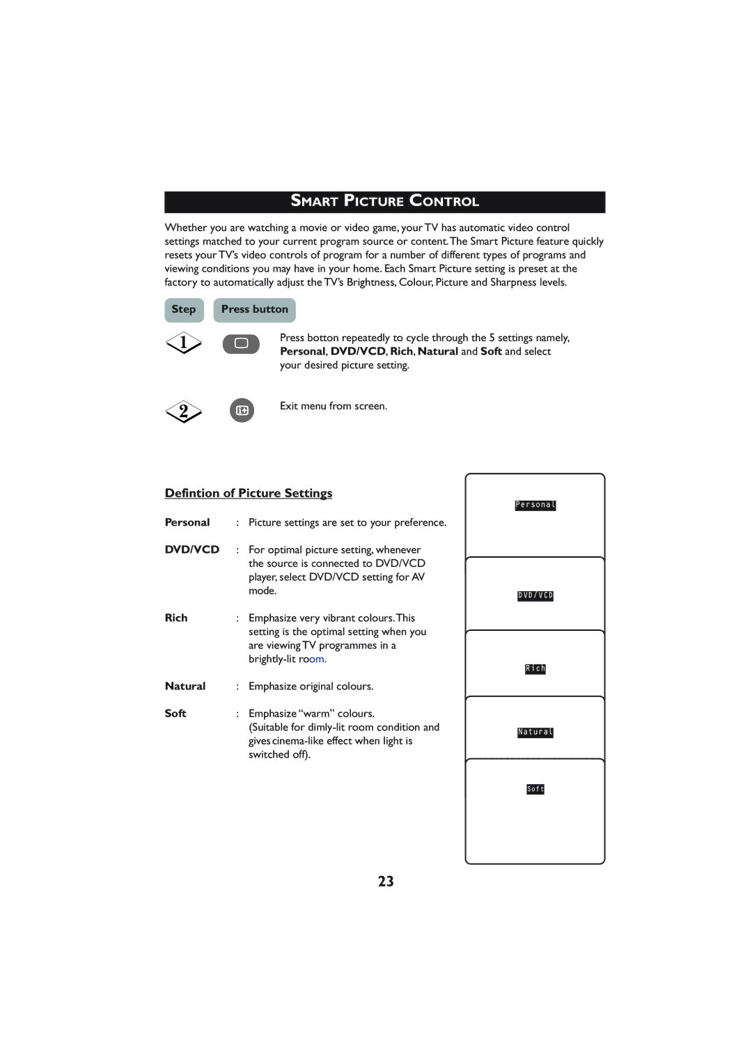 Philips 29PT5005 operating instructions Smart Picture Control, Defintion of Picture Settings 