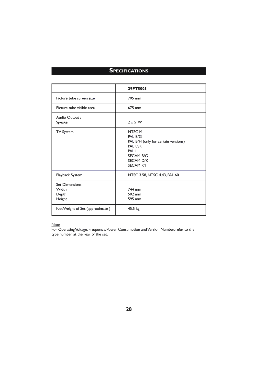 Philips 29PT5005 operating instructions Specifications 