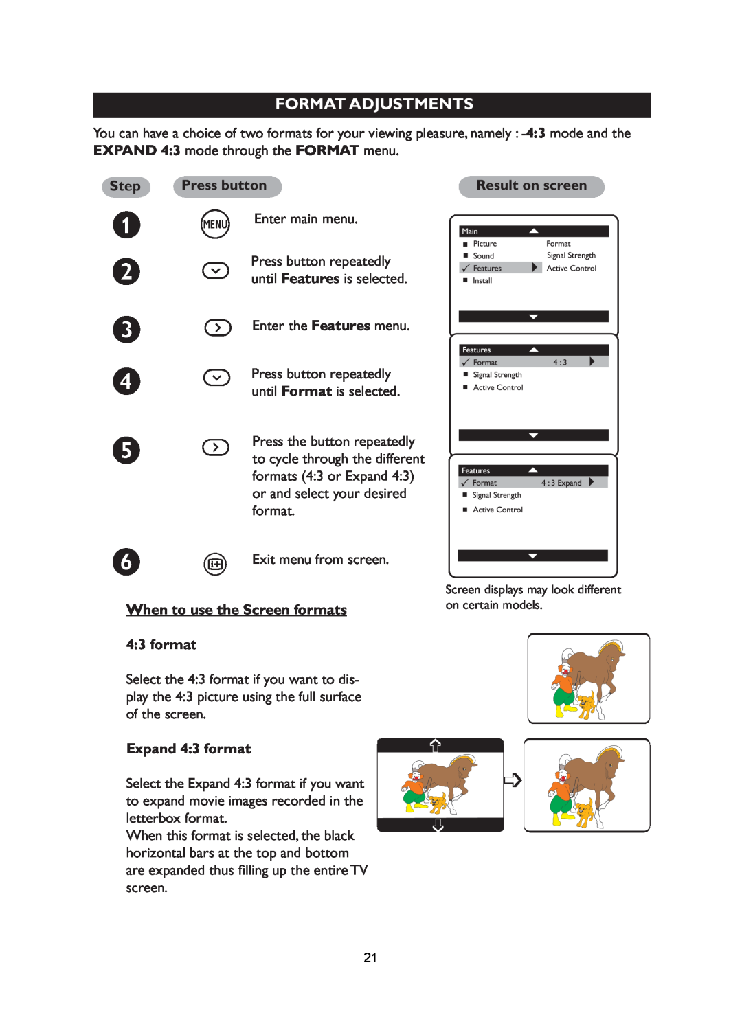 Philips 25PT5016 Format Adjustments, When to use the Screen formats 43 format, Expand 43 format, Step, Press button 