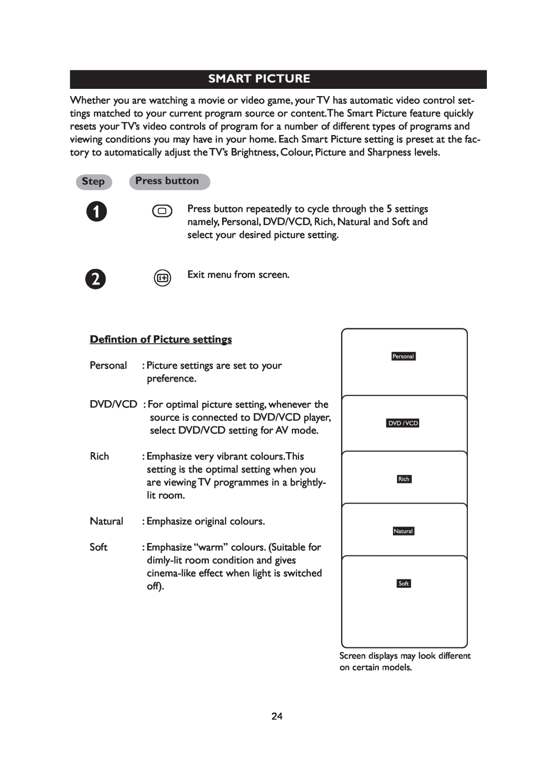 Philips 29PT5026, 29PT5016, 21PT5026, 25PT5016, 21PT5006 Smart Picture, Deﬁntion of Picture settings, Step, Press button 