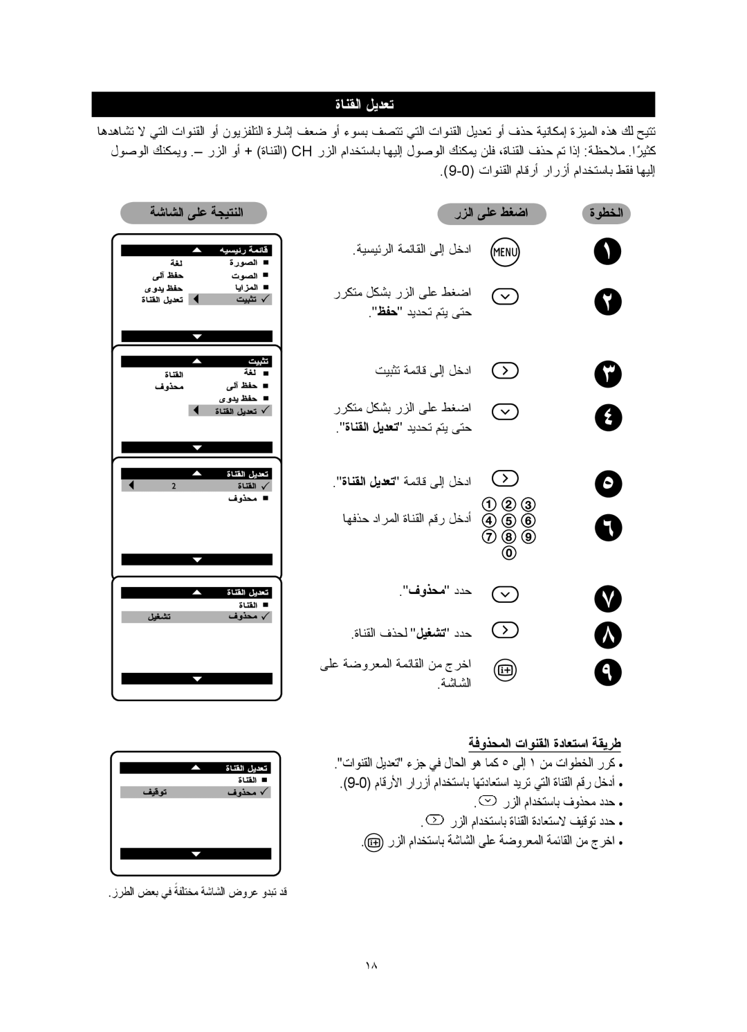 Philips 29PT5026, 29PT5016, 21PT5026 ةﺎﻨﻘﻟا ﻞﻳﺪﻌﺗ, ﺔﺷﺎﺸﻟا ﻰﻠﻋ ﺔﺠﻴﺘﻨﻟا رﺰﻟا ﻰﻠﻋ ﻂﻐﺿا, ةﻮﻄﺨﻟا ﺔﻓوﺬﺤﻤﻟا تاﻮﻨﻘﻟا ةدﺎﻌﺘﺳا ﺔﻘﻳﺮﻃ 