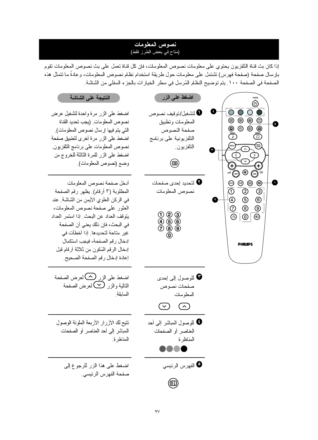 Philips 25PT5016, 29PT5026, 29PT5016, 21PT5026, 21PT5006, 29PT5006 manual تﺎﻣﻮﻠﻌﻤﻟا صﻮﺼﻧ, ﺔﺷﺎﺸﻟا ﻰﻠﻋ ﺔﺠﻴﺘﻨﻟا رﺰﻟا ﻰﻠﻋ ﻂﻐﺿا 