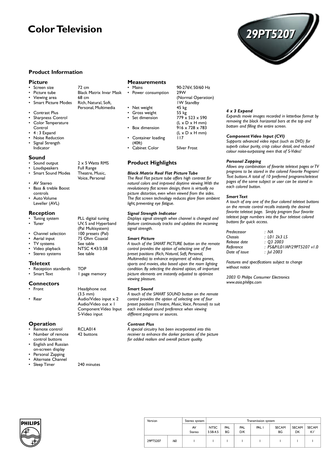 Philips 29PT5207 /60 Product Information Picture Measurements, Sound, Product Highlights, Reception, Teletext, Connectors 