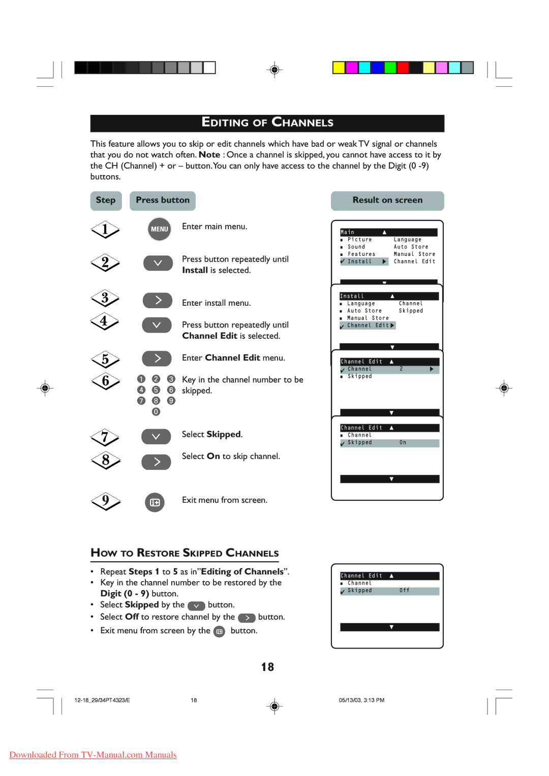 Philips 29PT5308, 29PT5307 manual Editing of Channels, Channel Edit is selected, Enter Channel Edit menu 