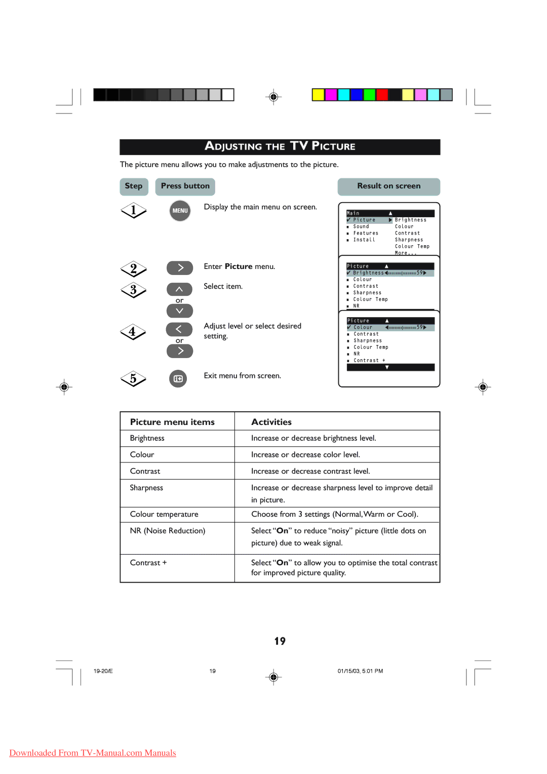 Philips 29PT5307, 29PT5308 manual Adjusting the TV Picture, Picture menu items Activities, Step, Result on screen 