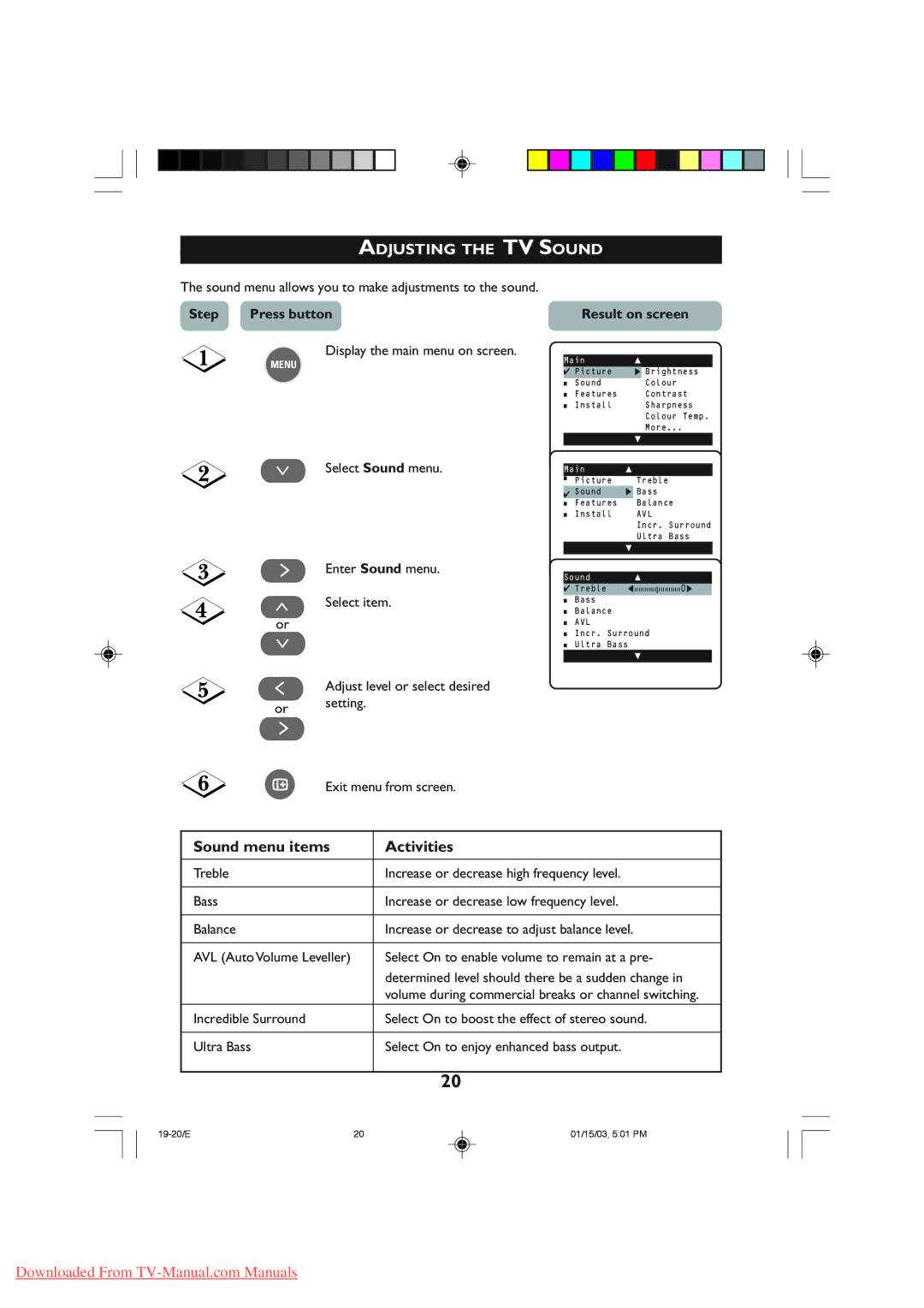 Philips 29PT5308, 29PT5307 manual Adjusting the TV Sound, Sound menu items Activities, Exit menu from screen 