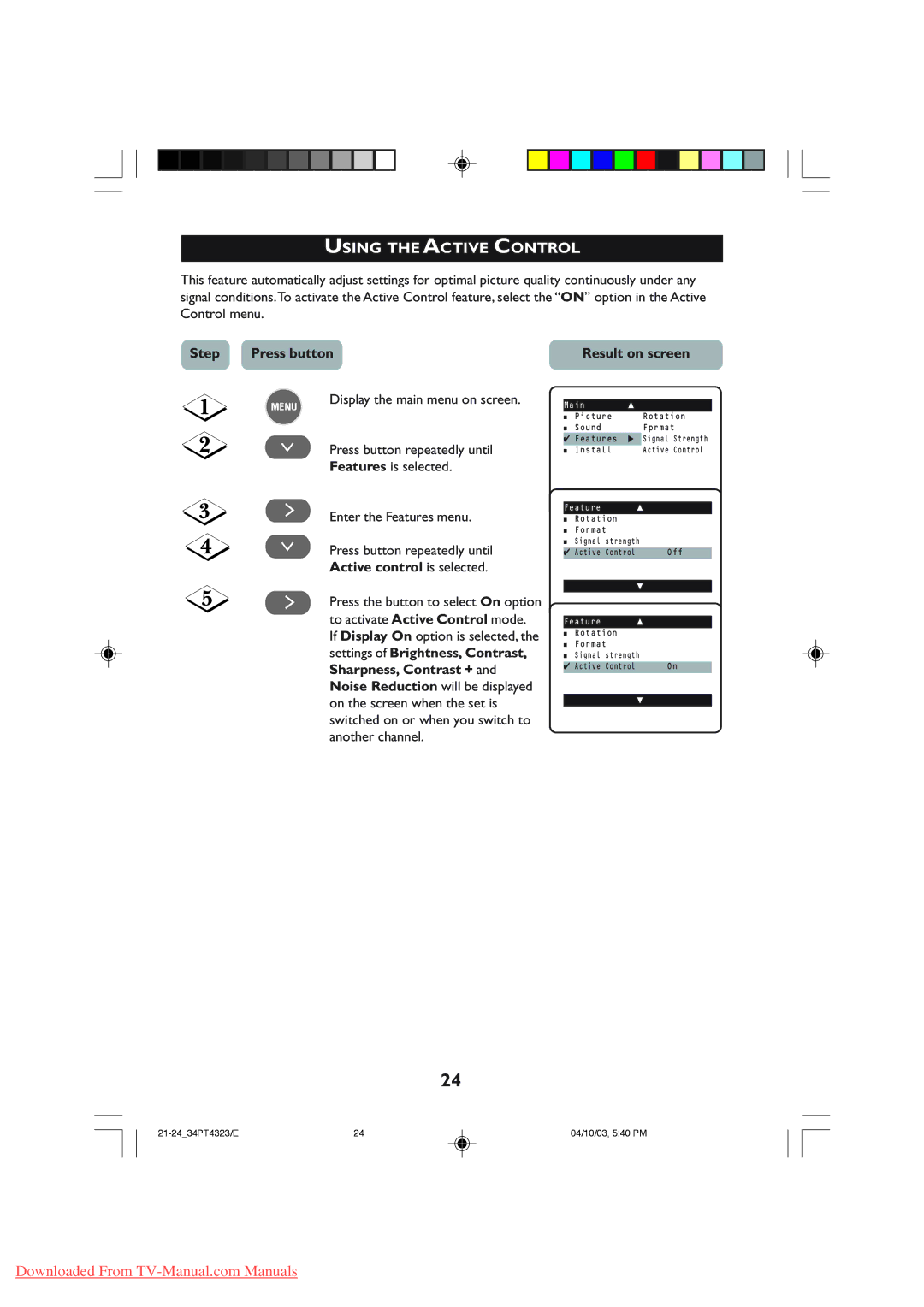 Philips 29PT5308, 29PT5307 manual Using the Active Control, Active control is selected, Settings of Brightness, Contrast 