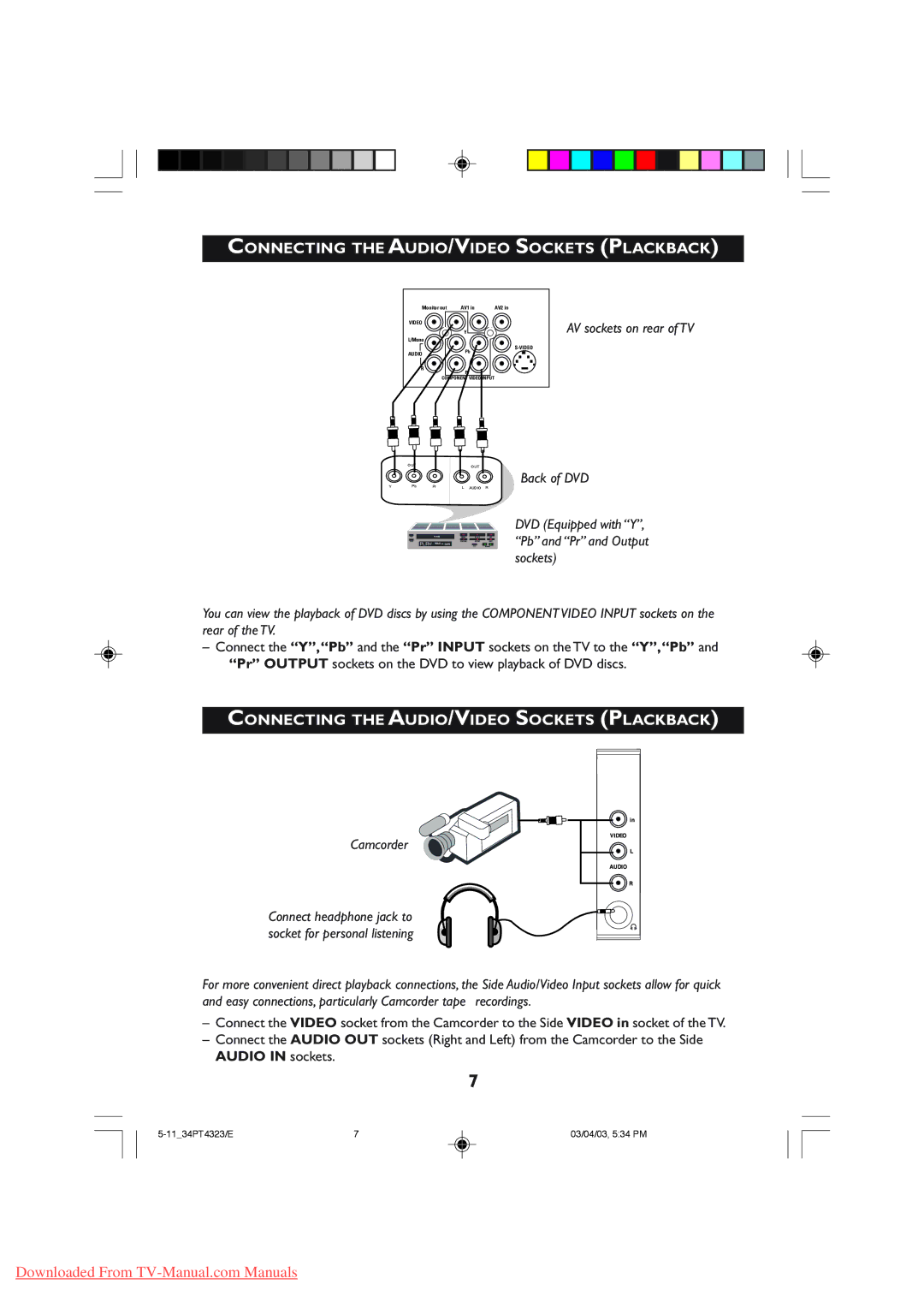 Philips 29PT5307, 29PT5308 manual Connecting the AUDIO/VIDEO Sockets Plackback, Camcorder 