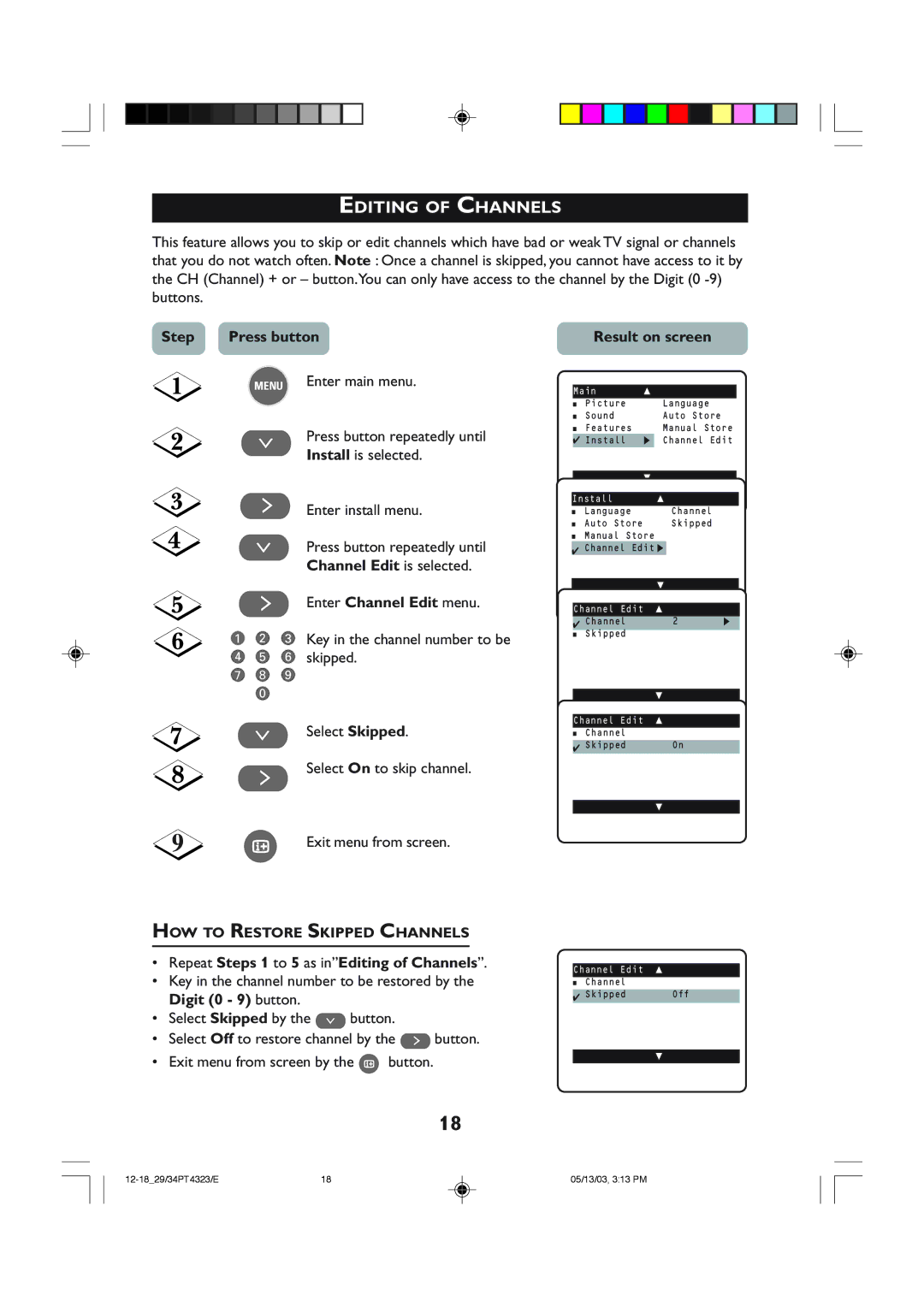 Philips 29PT5308 manual Editing of Channels, Channel Edit is selected, Enter Channel Edit menu 