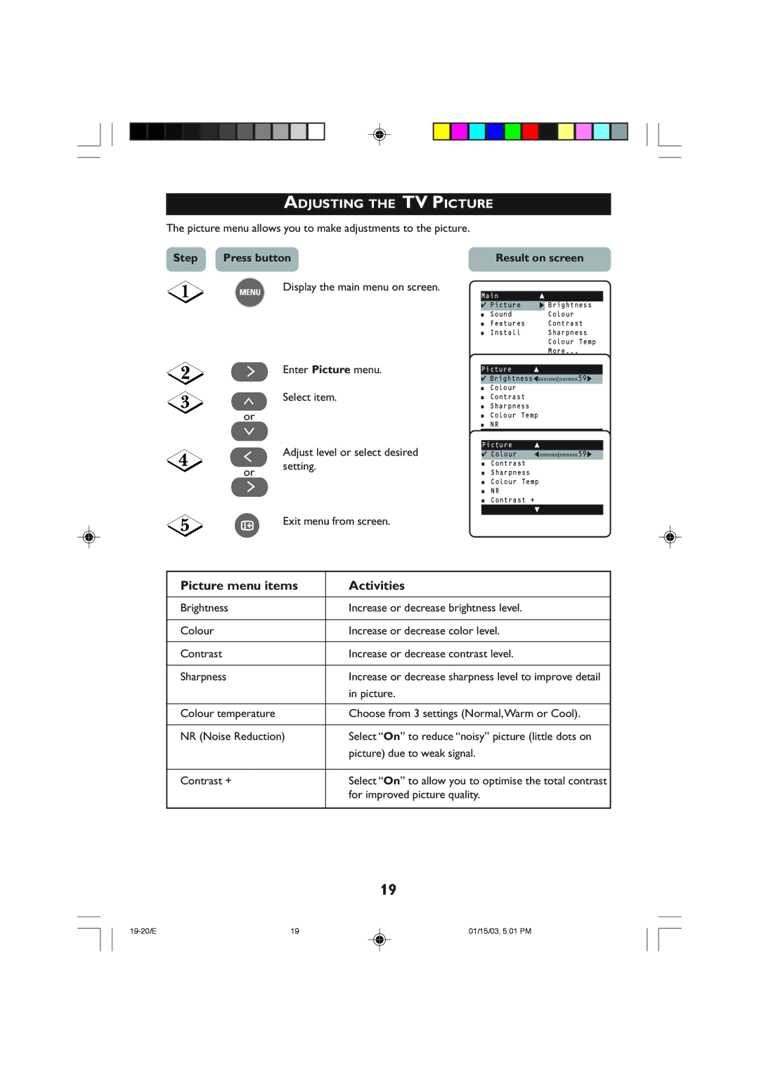 Philips 29PT5308 manual Adjusting the TV Picture, Picture menu items Activities, Step, Result on screen 