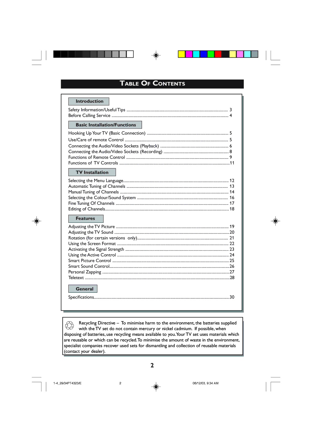 Philips 29PT5308 manual Table of Contents 