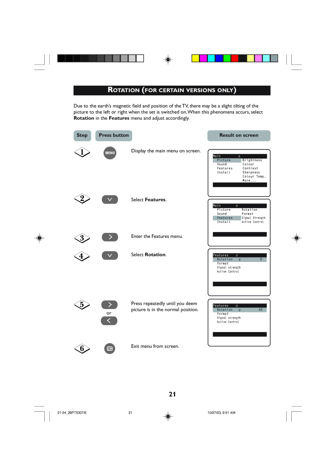 Philips 29PT5308 manual Rotation for Certain Versions only, Step Press button Result on screen 