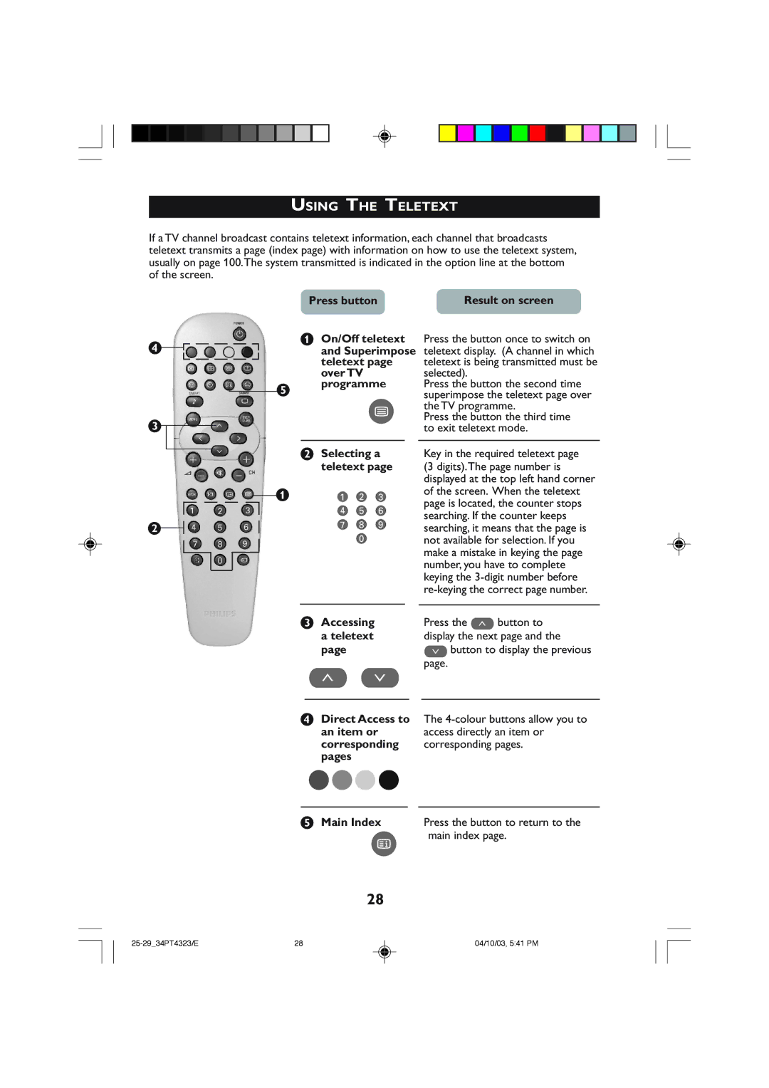 Philips 29PT5308 manual Using the Teletext, Press button 