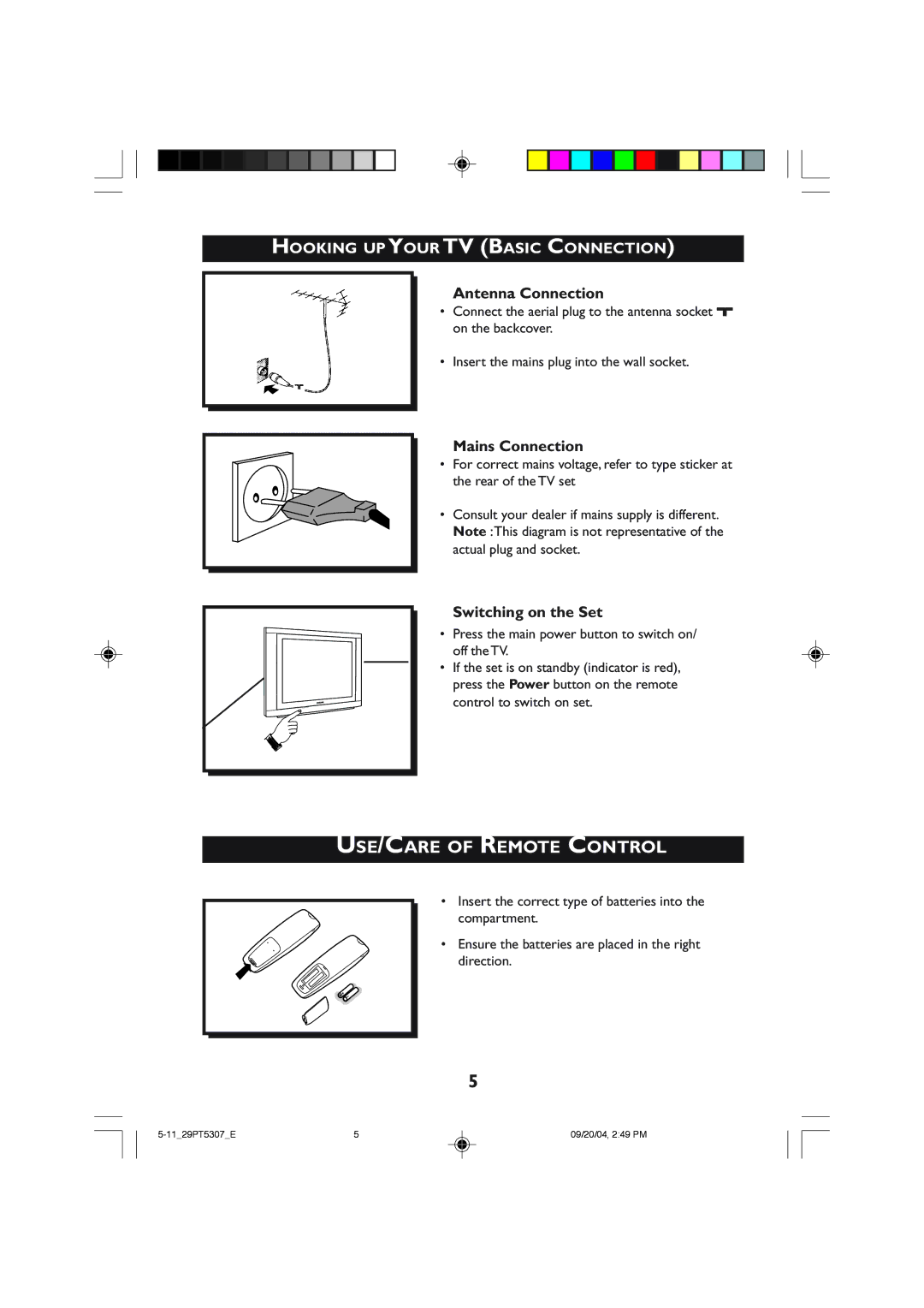 Philips 29PT5308 manual Hooking UP Your TV Basic Connection, Antenna Connection, Mains Connection, Switching on the Set 