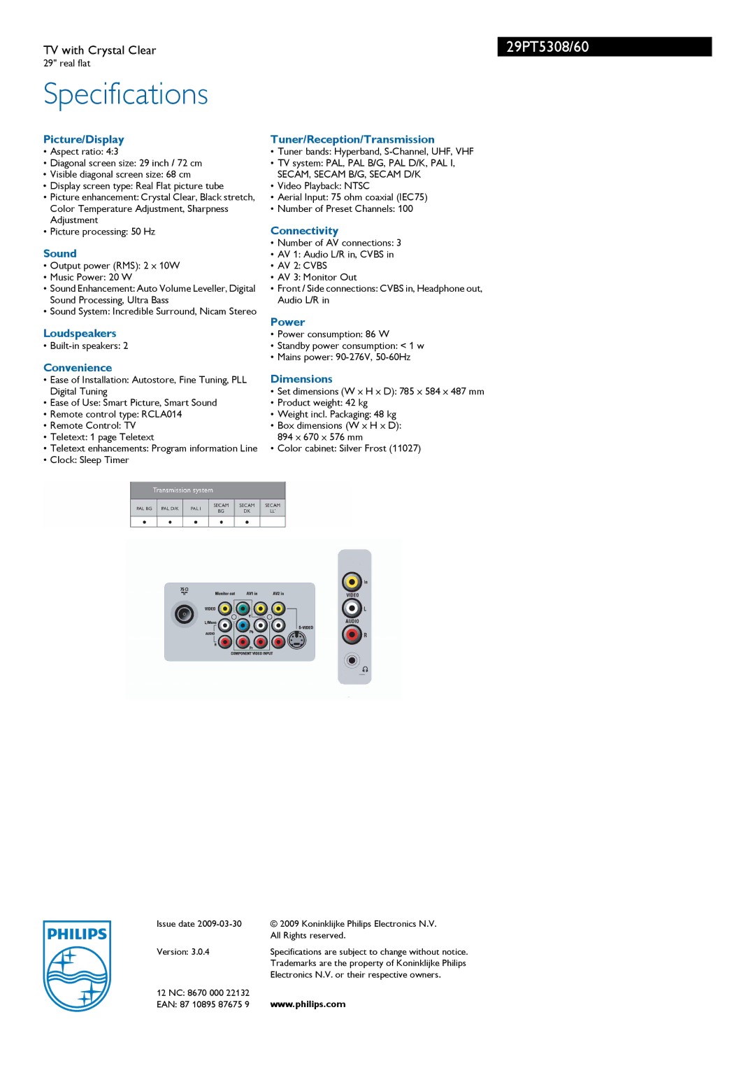 Philips 29PT5308/60 manual Specifications 