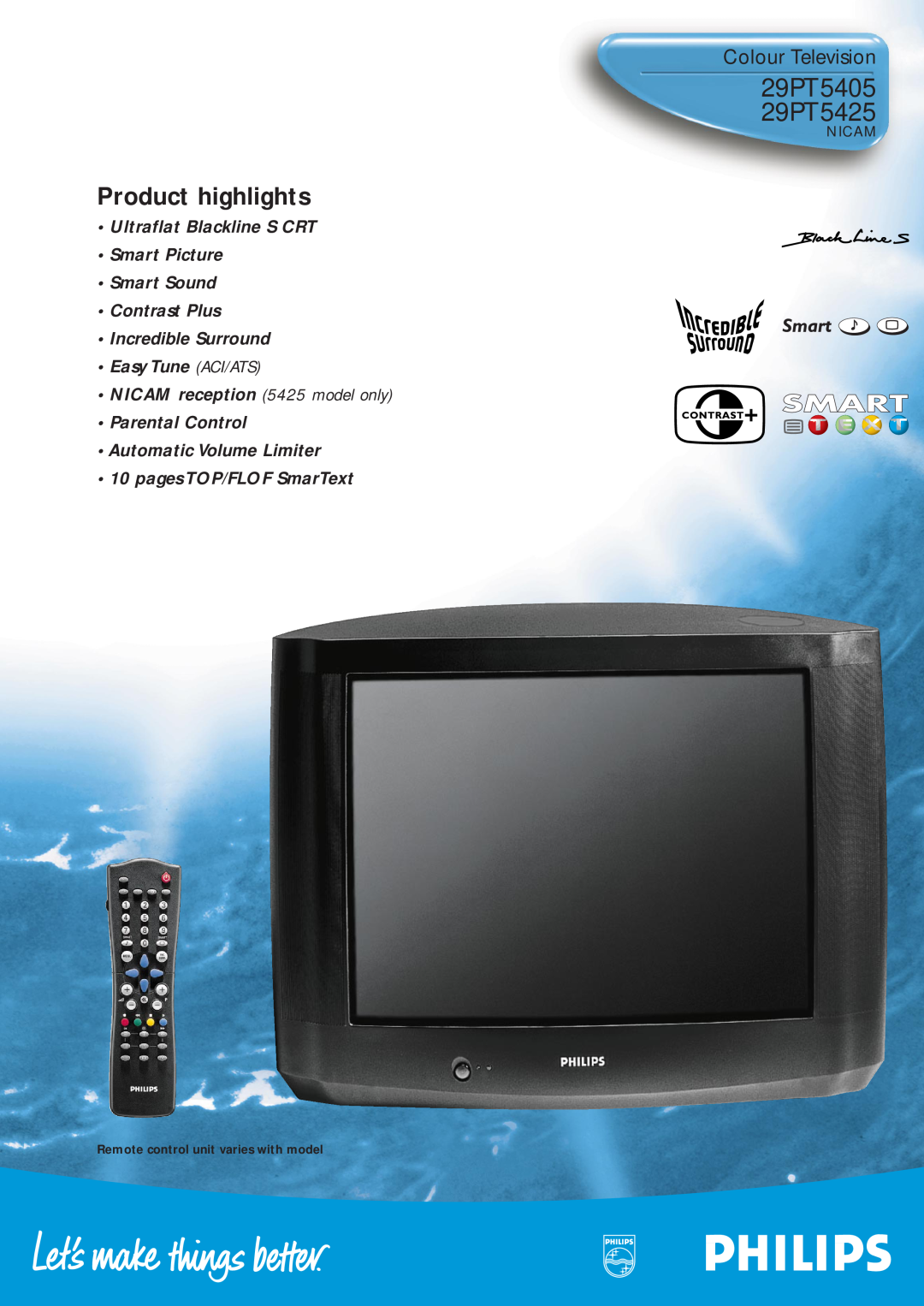 Philips manual 29PT5405 29PT5425, Product highlights, Colour Television, Nicam, Remote control unit varies with model 