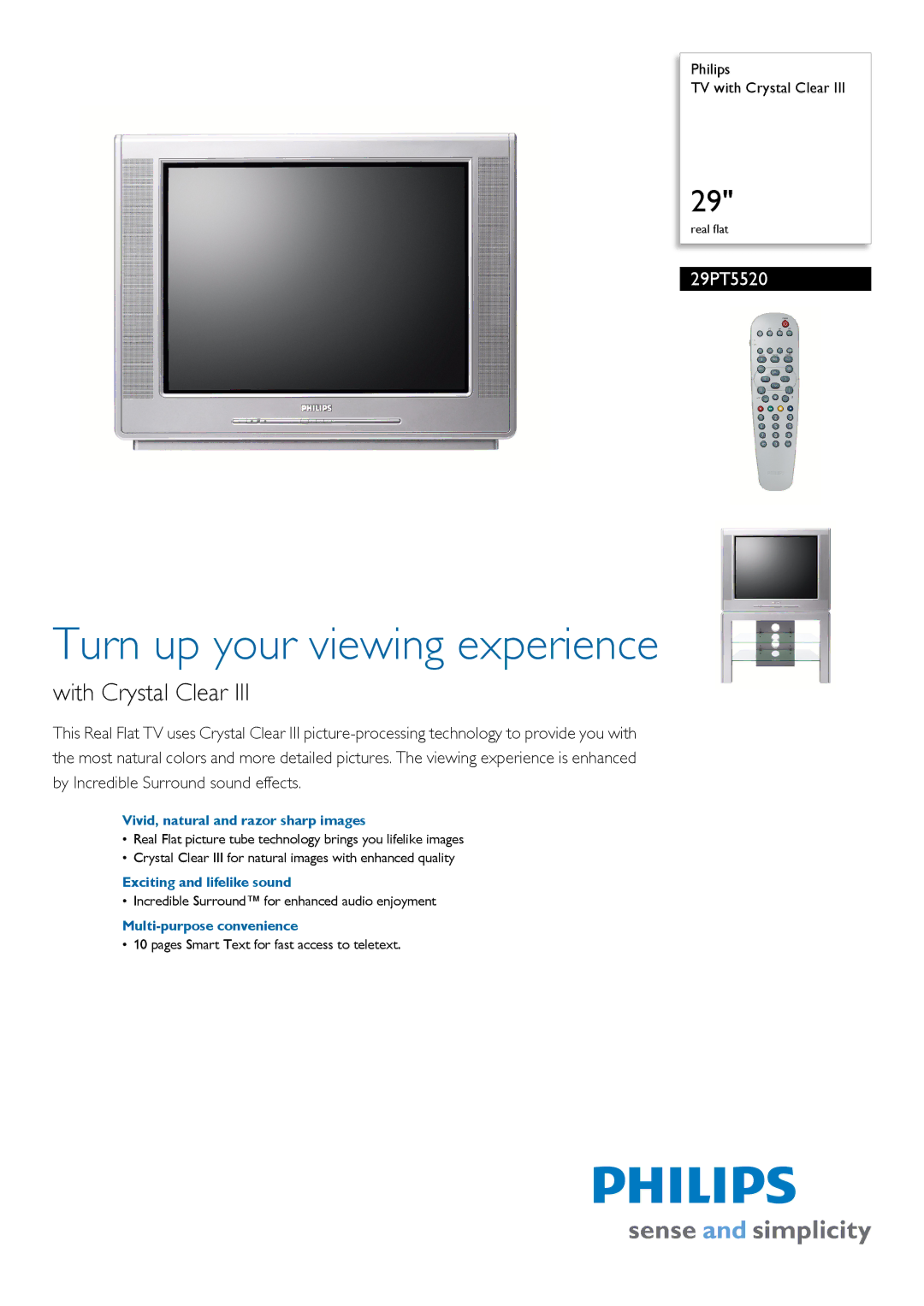 Philips 29PT5520 manual Vivid, natural and razor sharp images, Exciting and lifelike sound, Multi-purpose convenience 