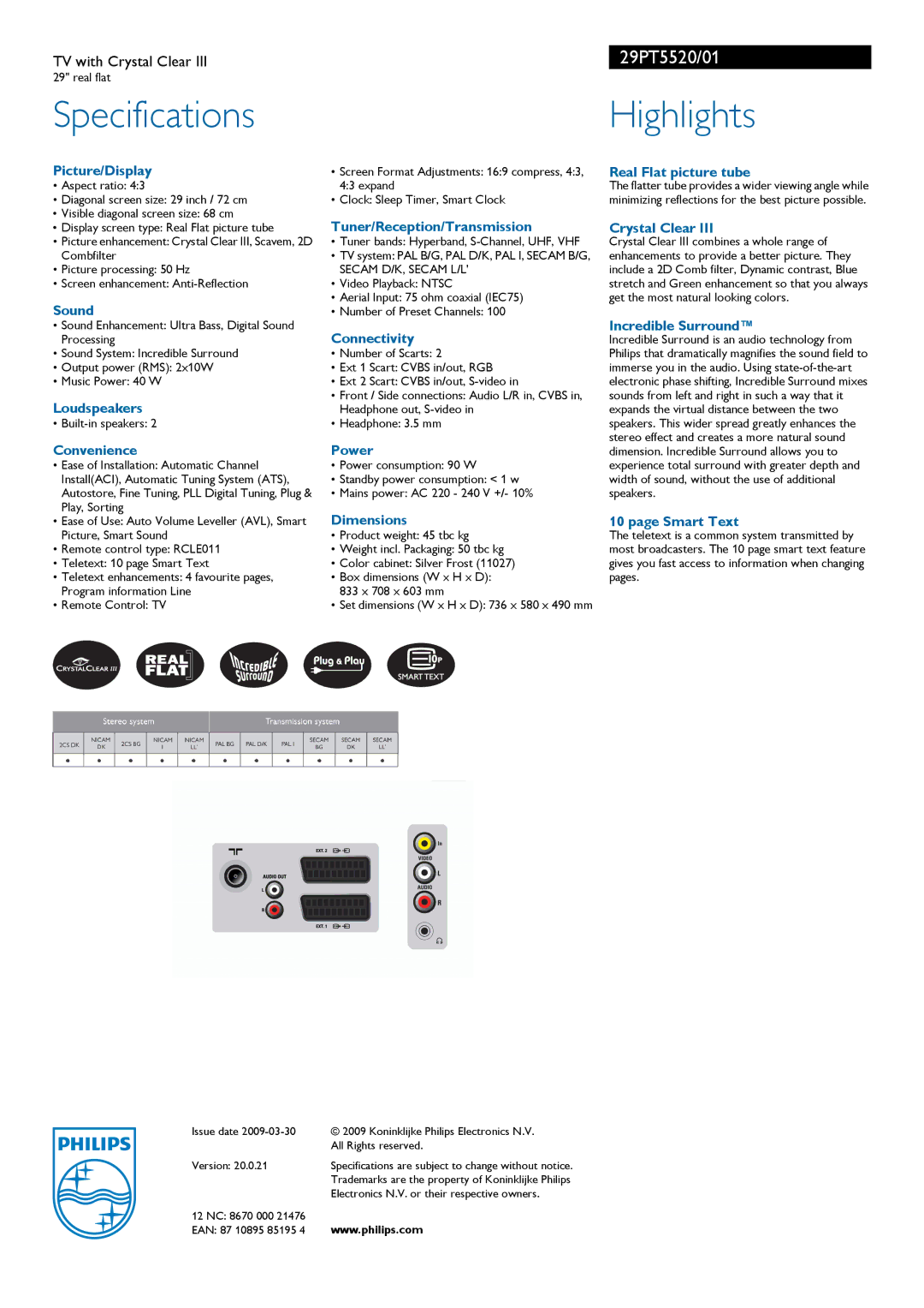 Philips 29PT5520 manual Specifications, Highlights 