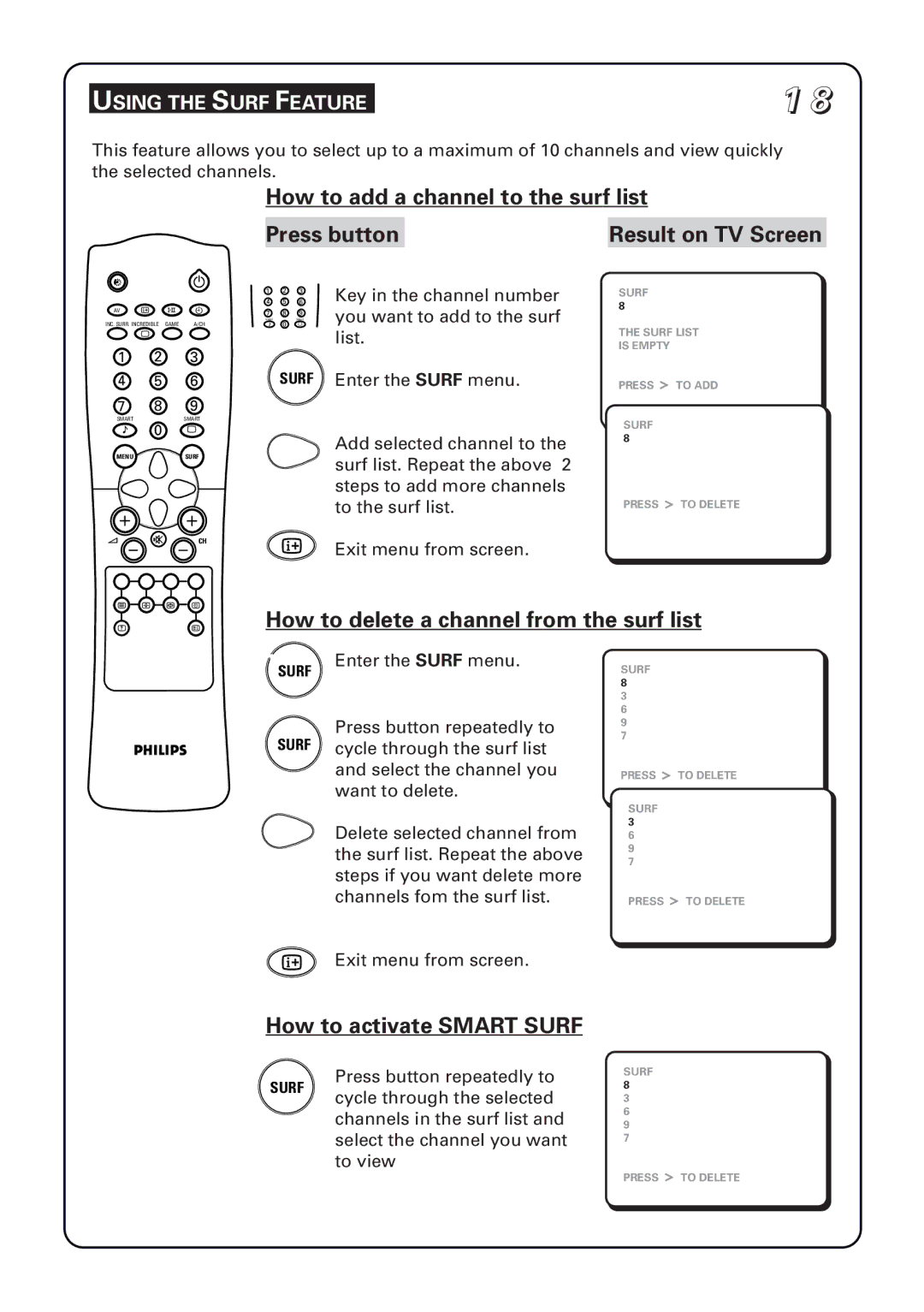 Philips 29PT5673 manual How to delete a channel from the surf list, How to activate Smart Surf, Using the Surf Feature 