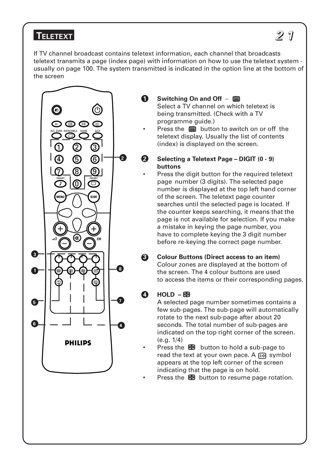 Philips 29PT5673 manual Switching On and Off a, Selecting a Teletext Page Digit 0 Buttons, Hold f 