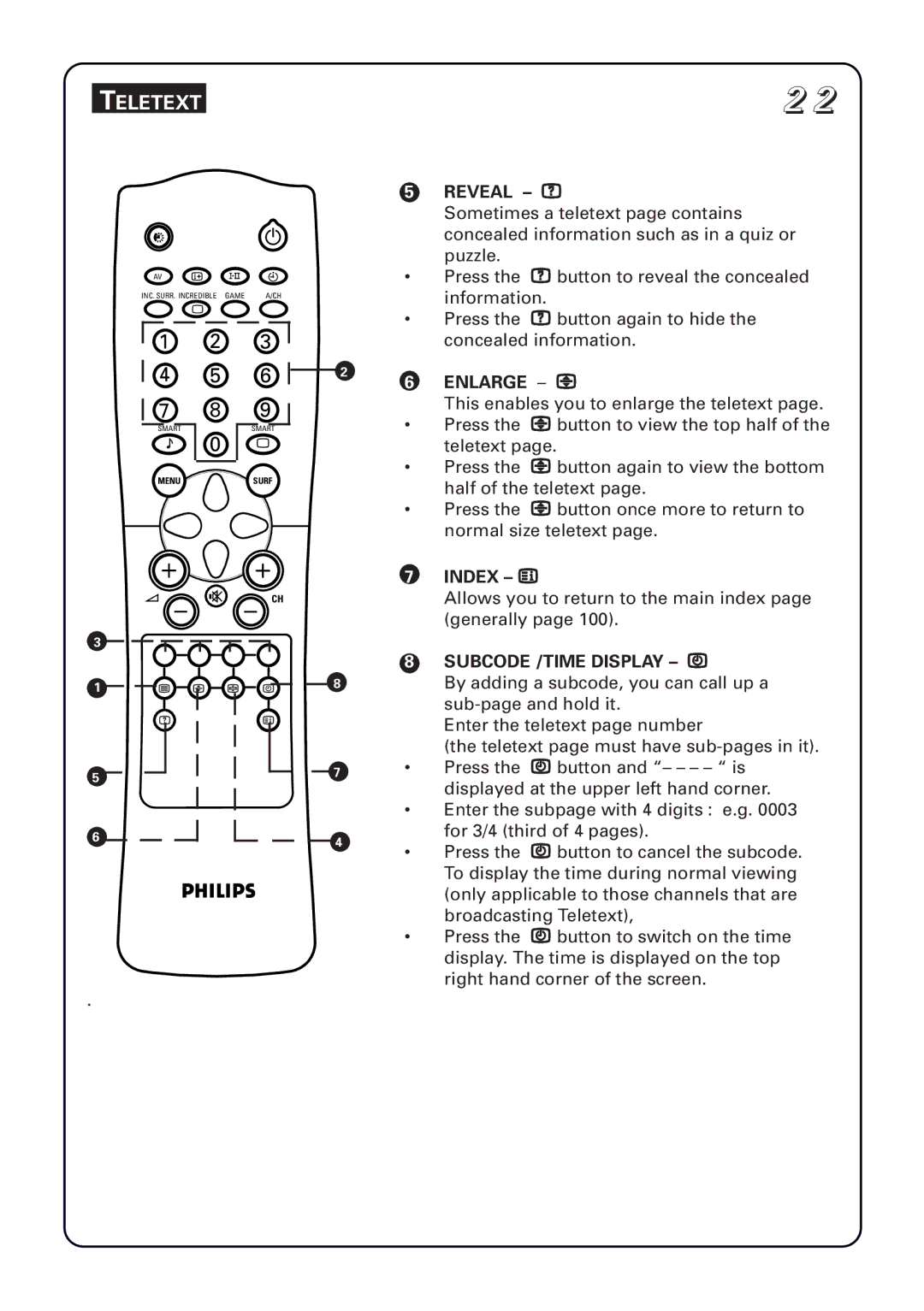 Philips 29PT5673 manual Reveal e, Enlarge h, Index d, Subcode /TIME Display y 