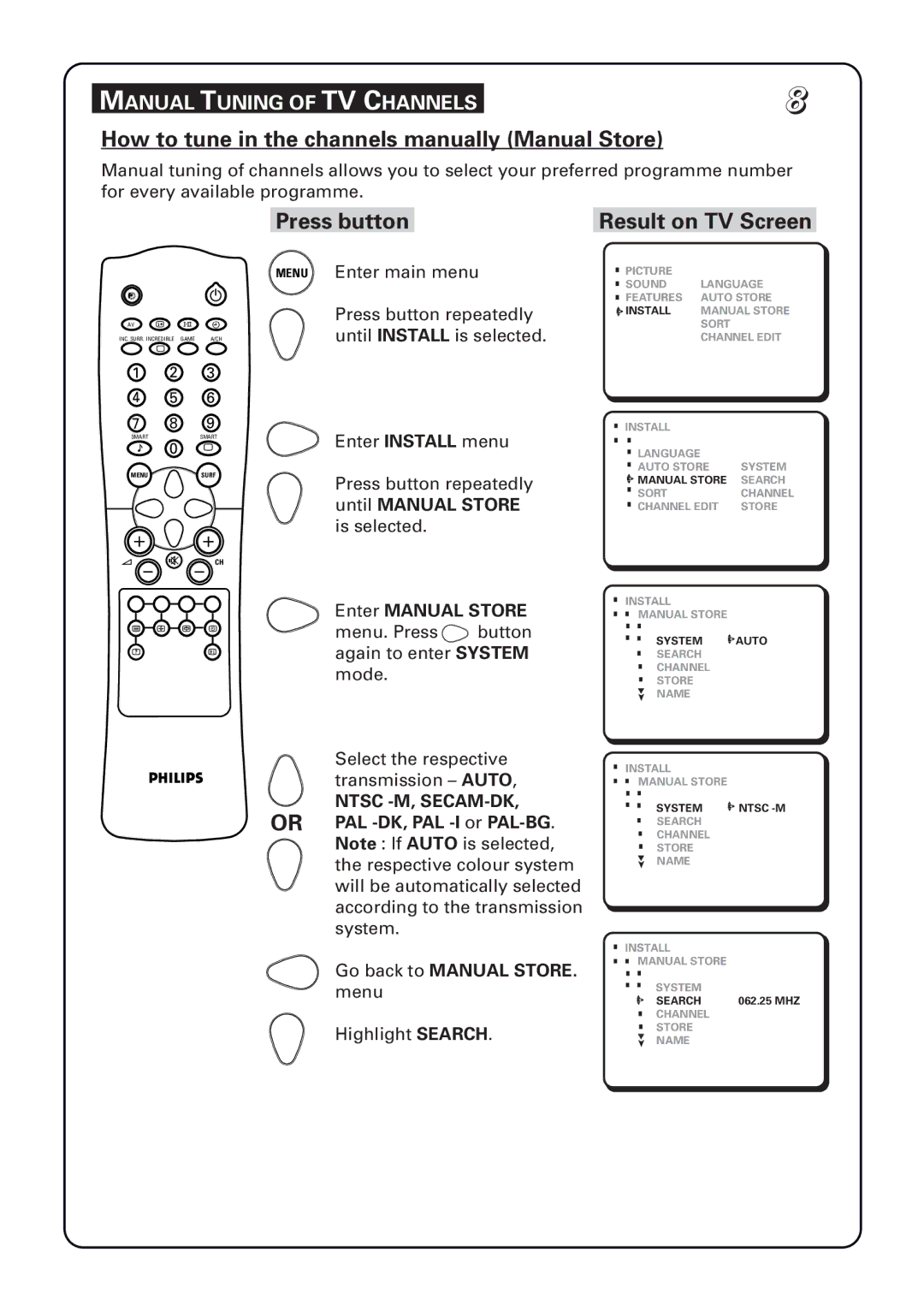 Philips 29PT5673 How to tune in the channels manually Manual Store, Press button Result on TV Screen, Enter Manual Store 