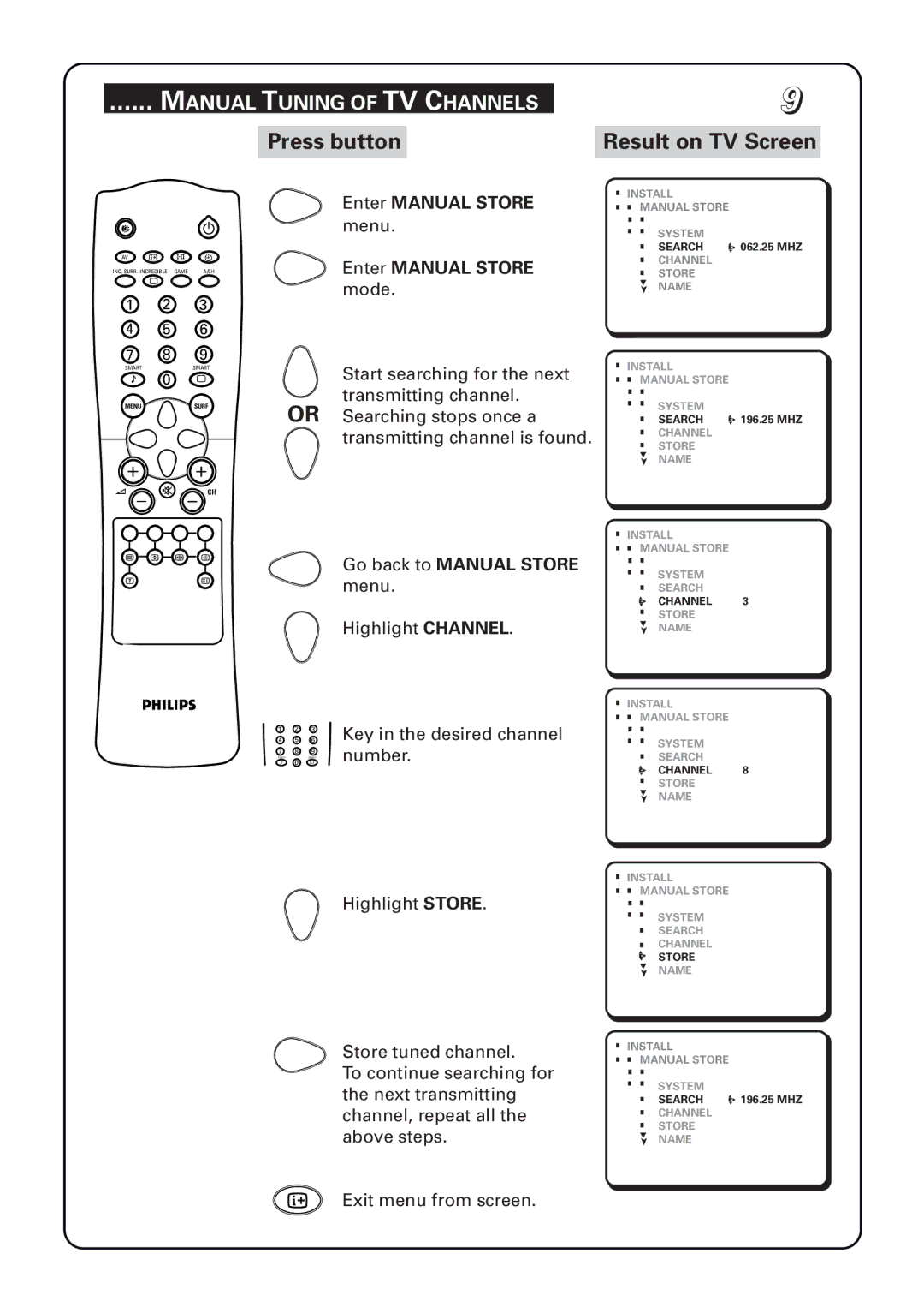 Philips 29PT5673 manual Enter Manual Store mode, Go back to Manual Store menu 