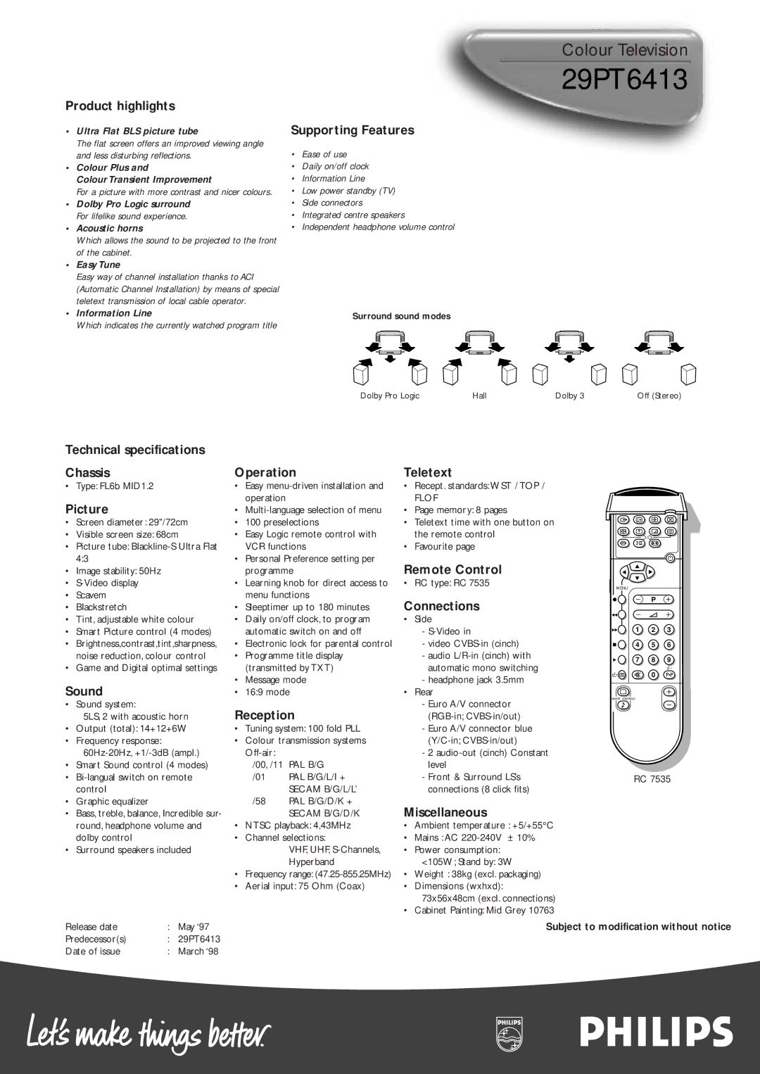 Philips 29PT6413 Product highlights, Supporting Features, Technical specifications Chassis, Picture, Sound, Operation 