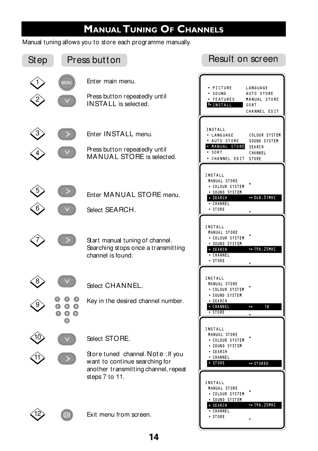 Philips 29PT7322, 29PT8322, 34PT8322 user manual Press button, Enter Manual Store menu 