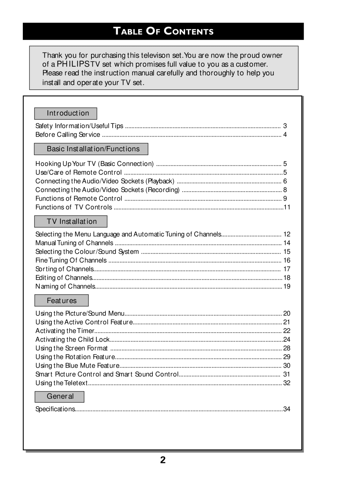 Philips 29PT7322, 29PT8322, 34PT8322 Introduction, Basic Installation/Functions, TV Installation, Features, General 