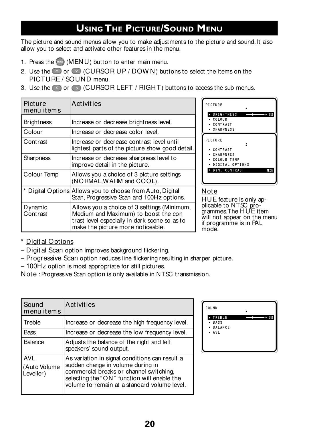 Philips 29PT7322, 29PT8322, 34PT8322 Picture Activities Menu items, Digital Options, Sound Activities Menu items 