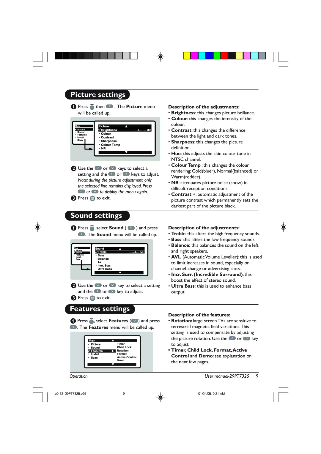 Philips 29PT7325 user manual Picture settings, Sound settings, Features settings, Description of the adjustments 