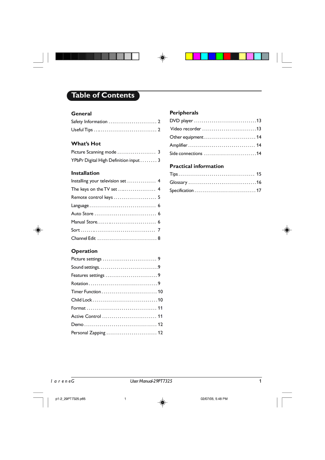 Philips 29PT7325 user manual Table of Contents 