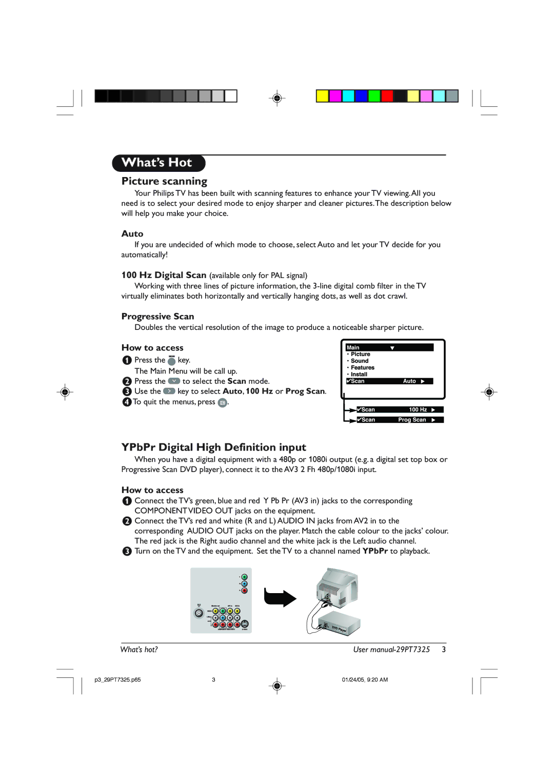 Philips 29PT7325 user manual What’s Hot, Picture scanning, YPbPr Digital High Definition input 