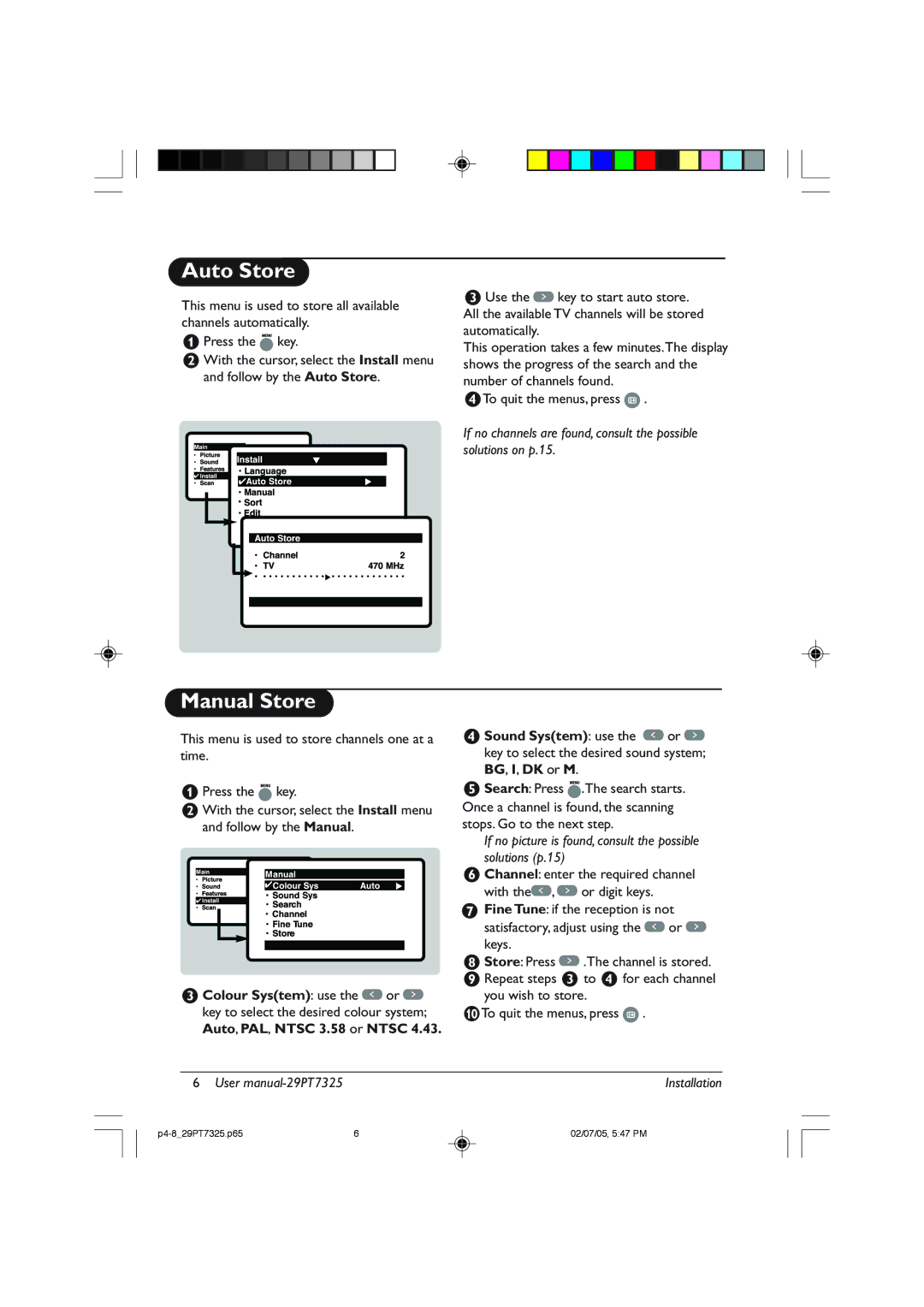 Philips 29PT7325 user manual Auto Store, Manual Store 