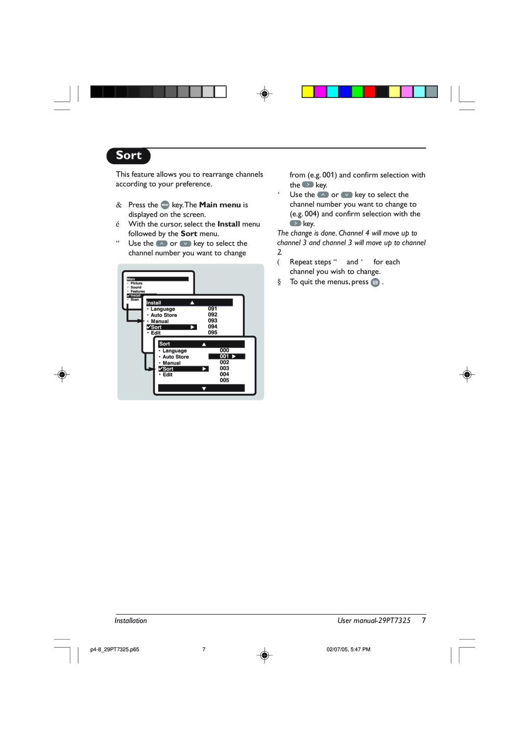 Philips 29PT7325 user manual Sort, From e.g and confirm selection with Key 