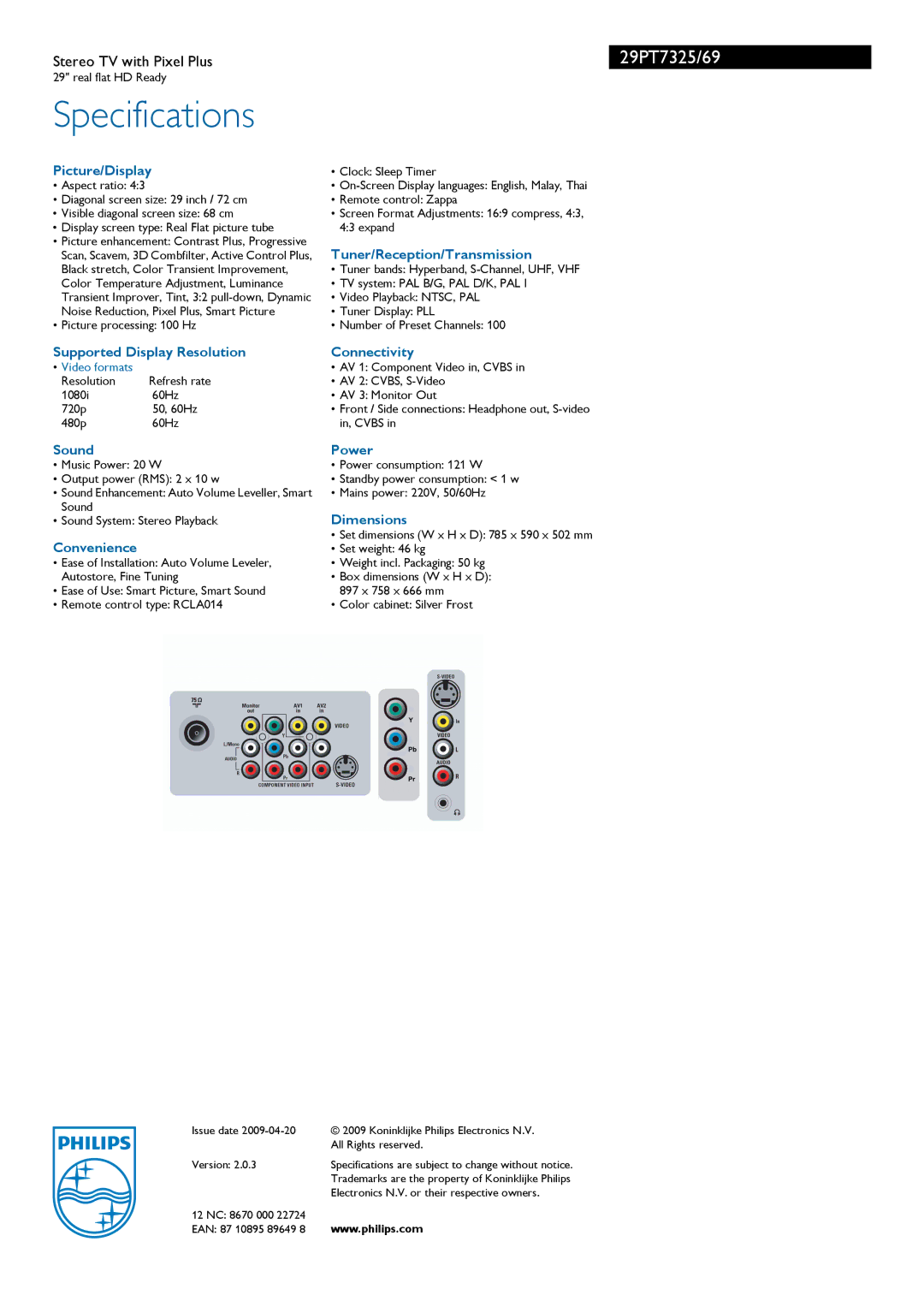 Philips 29PT7325/69 manual Specifications 