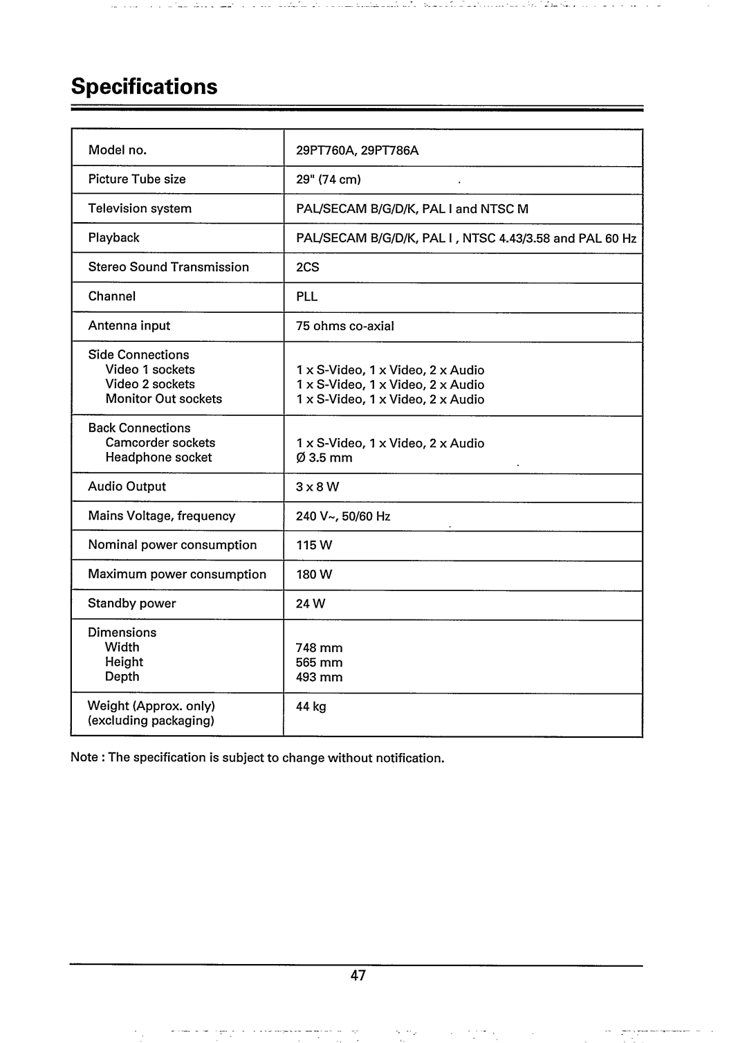 Philips 29PT760A, 29PT786A manual 