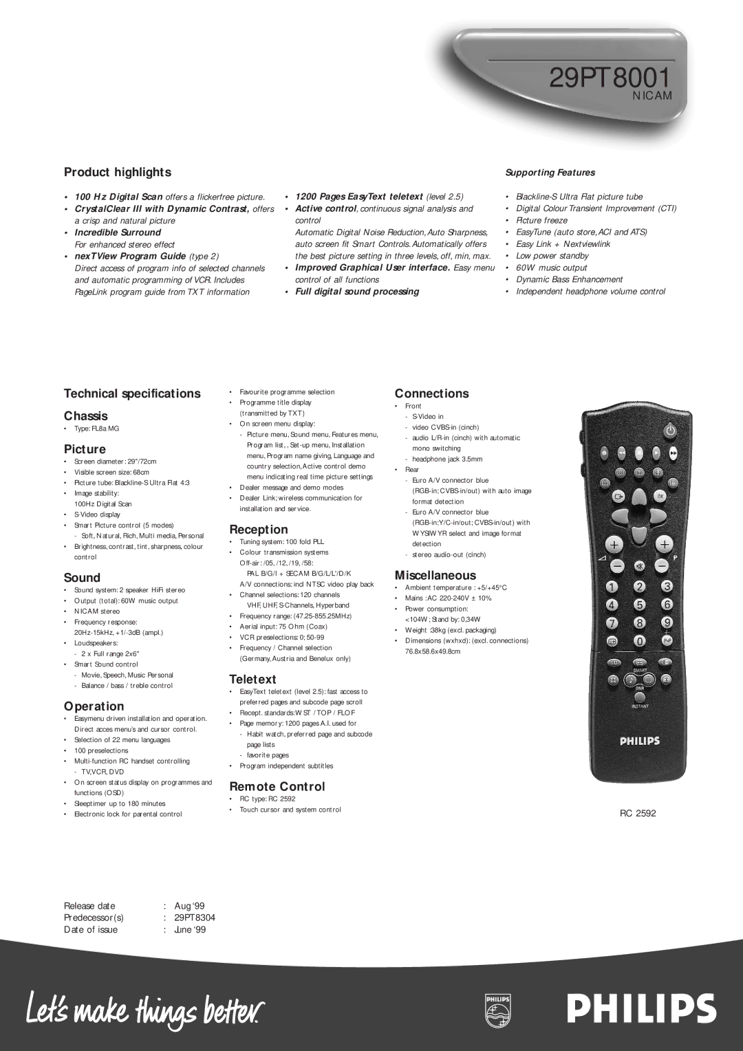 Philips 29PT8001 Product highlights, Technical specifications Chassis, Picture, Sound, Operation, Reception, Teletext 