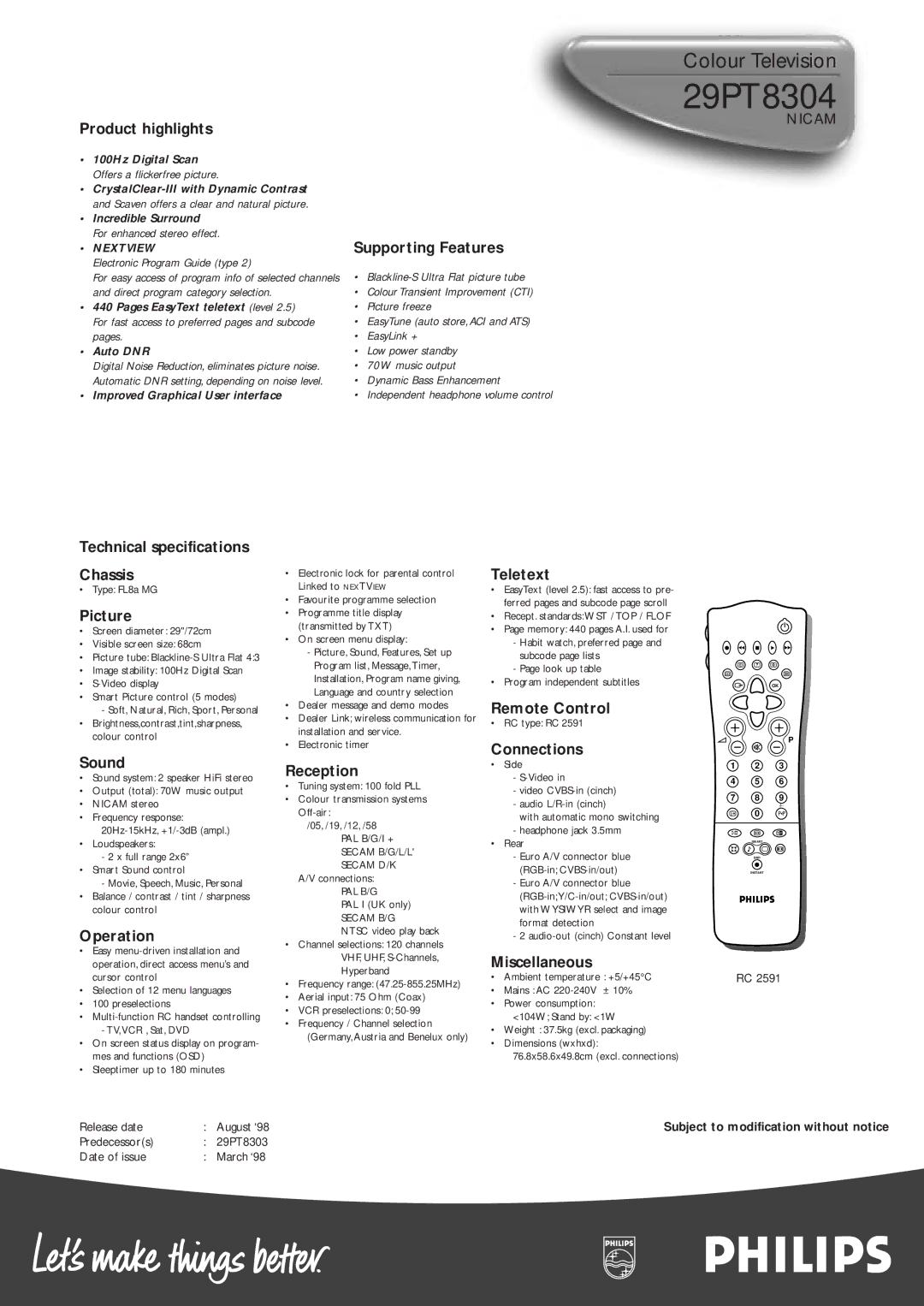 Philips 29PT8304NICAM Product highlights, Supporting Features, Technical specifications Chassis, Picture, Sound, Operation 