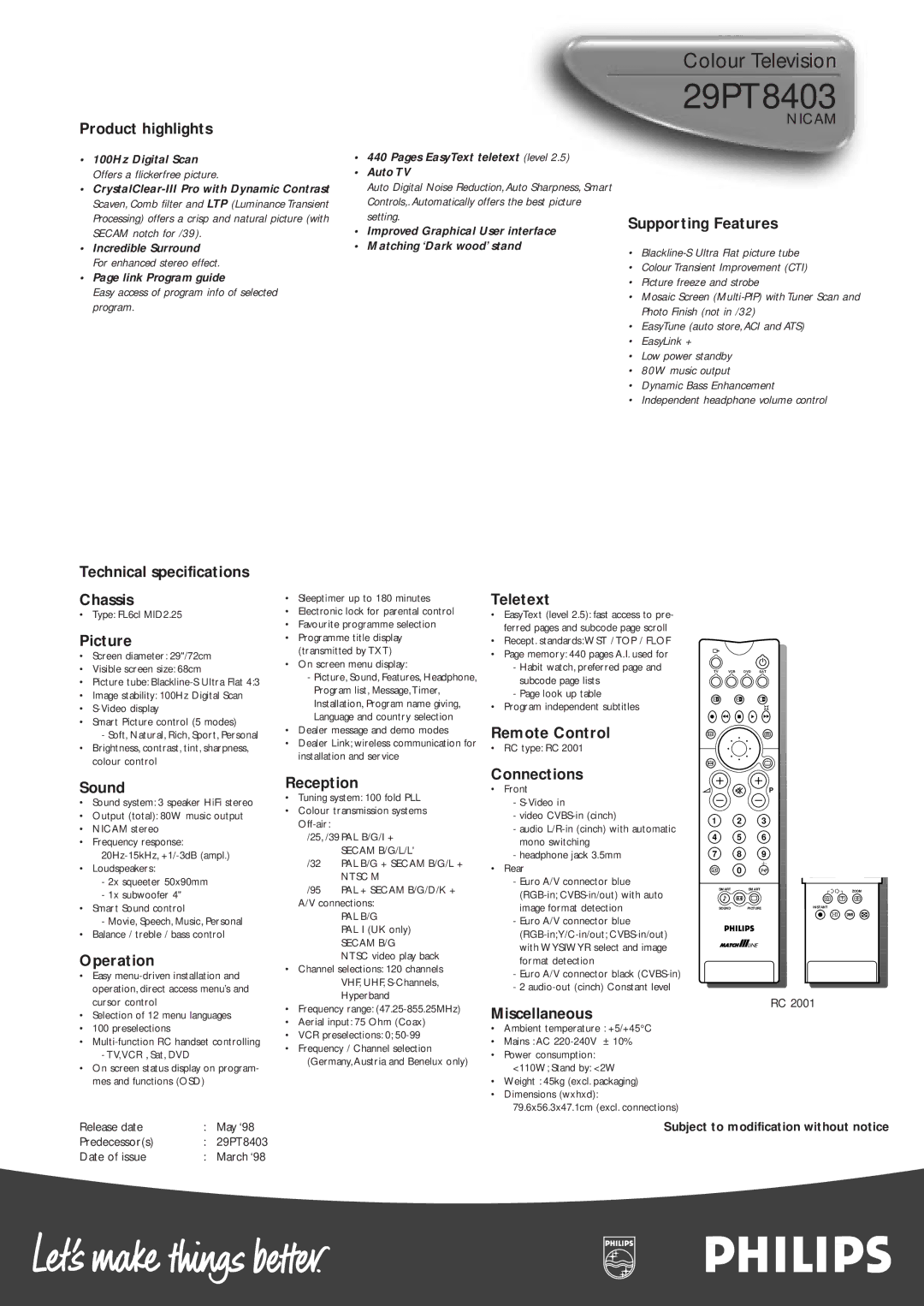Philips 29PT8403NICAM Product highlights, Supporting Features, Technical specifications Chassis, Picture, Teletext, Sound 