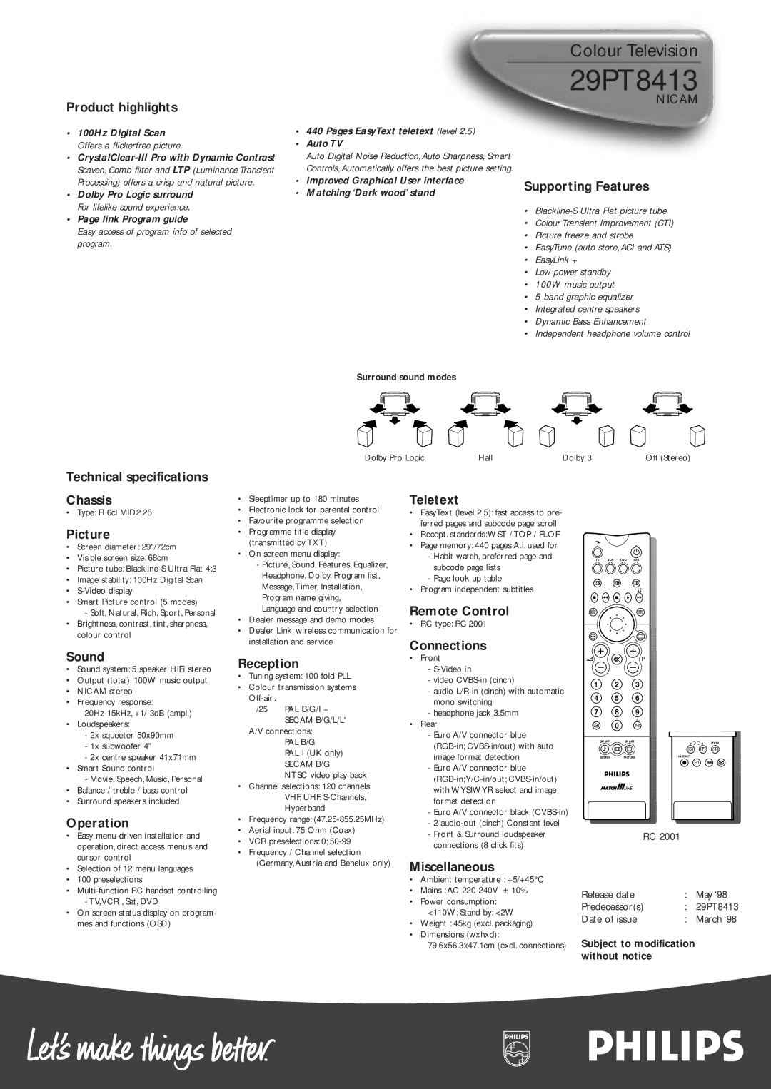 Philips 29PT8413 Product highlights, Supporting Features, Technical specifications Chassis, Picture, Sound, Operation 