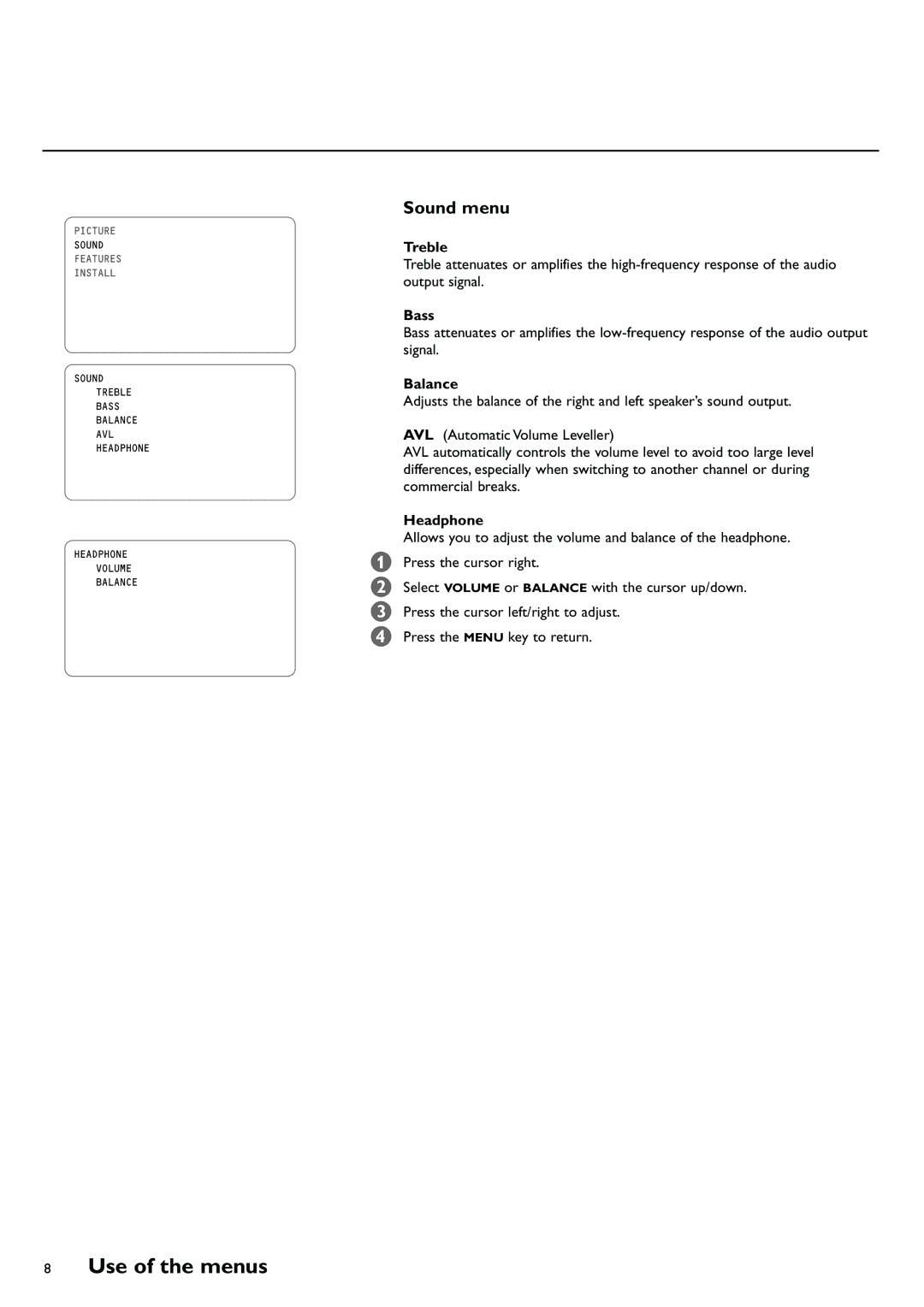 Philips 29PT8419/79R manual Sound menu, Treble, Bass, Balance, Headphone 