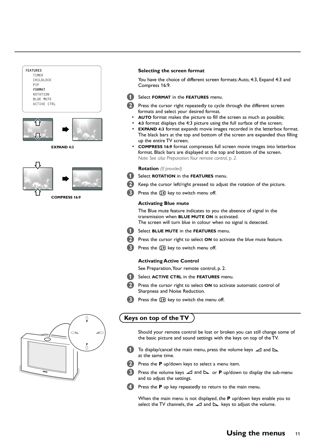 Philips 29PT8419/79R manual Using the menus, Keys on top of the TV, Selecting the screen format, Activating Blue mute 