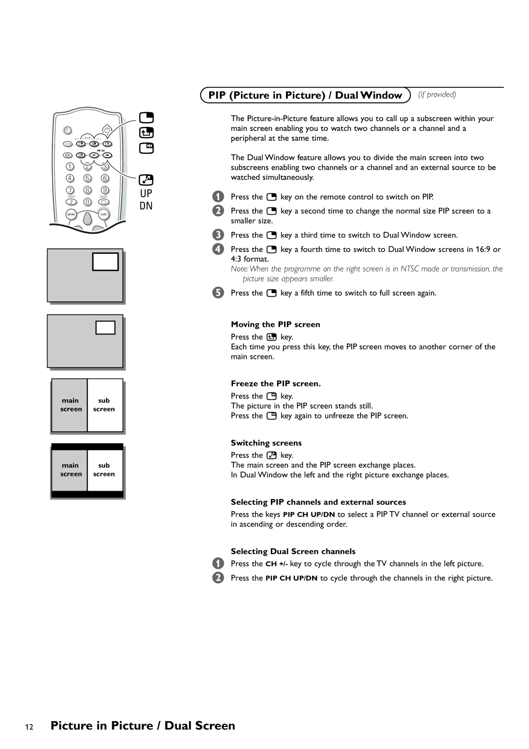 Philips 29PT8419/79R manual Picture in Picture / Dual Screen, PIP Picture in Picture / Dual Window if provided 