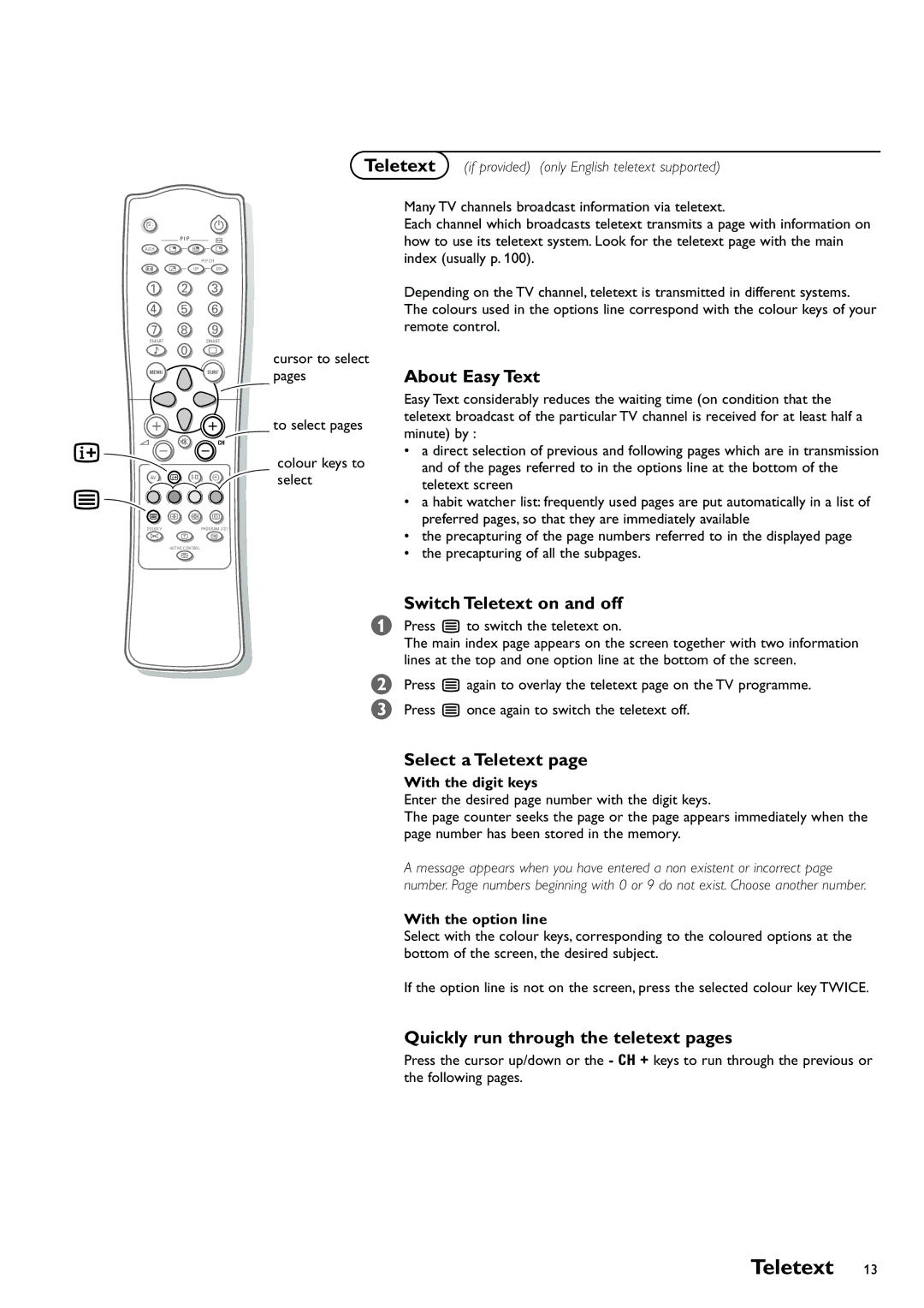 Philips 29PT8419/79R manual About Easy Text, Switch Teletext on and off, Select a Teletext 