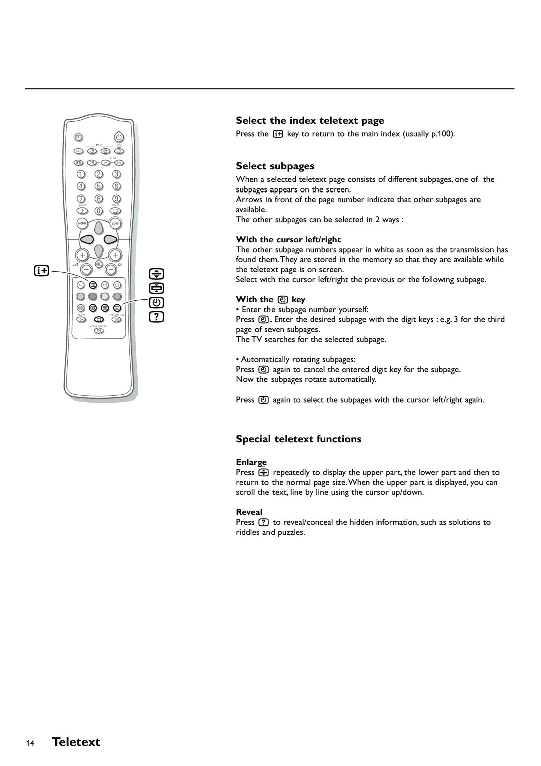 Philips 29PT8419/79R manual Select the index teletext, Select subpages, Special teletext functions 