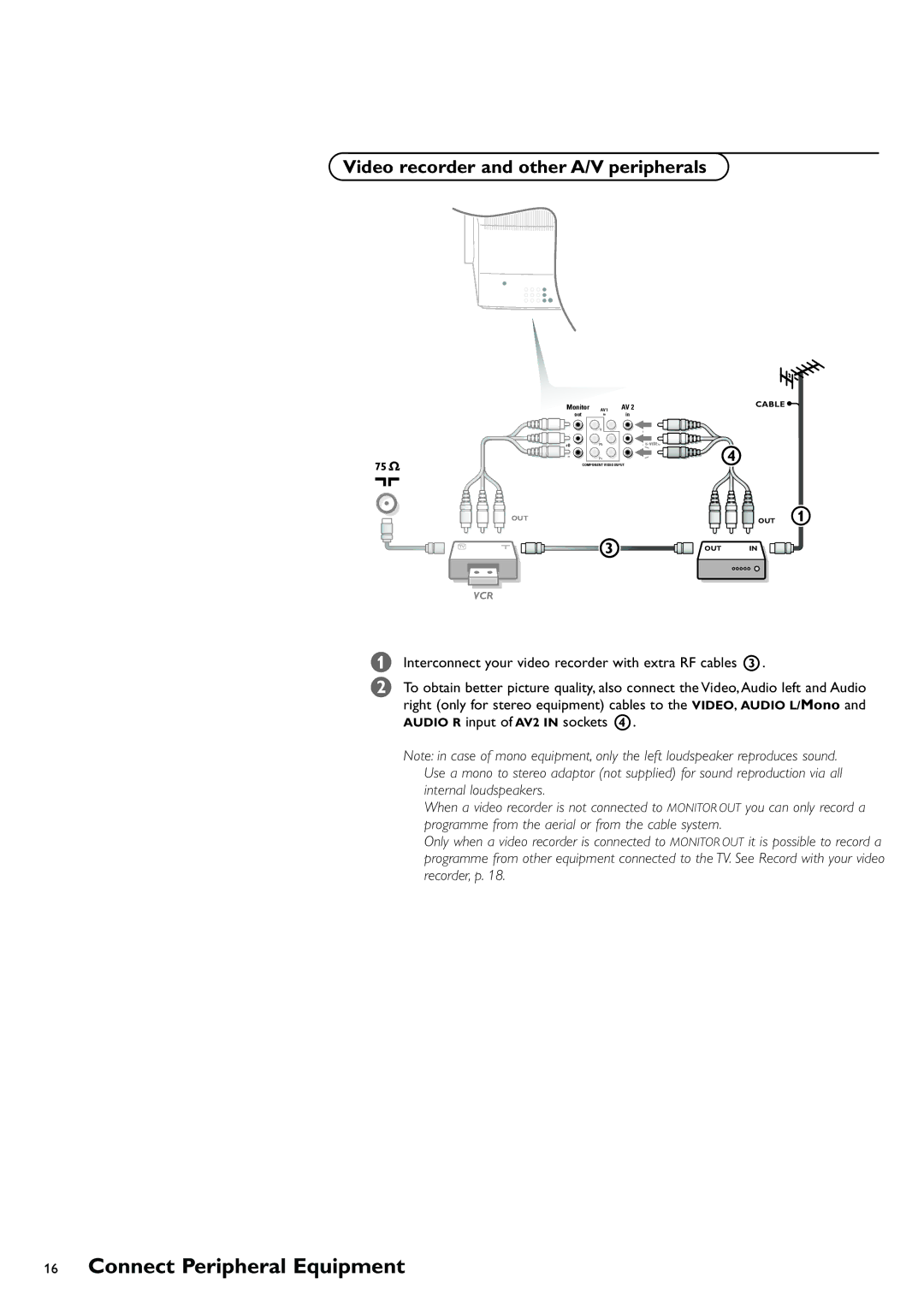 Philips 29PT8419/79R manual Video recorder and other A/V peripherals, Interconnect your video recorder with extra RF cables 